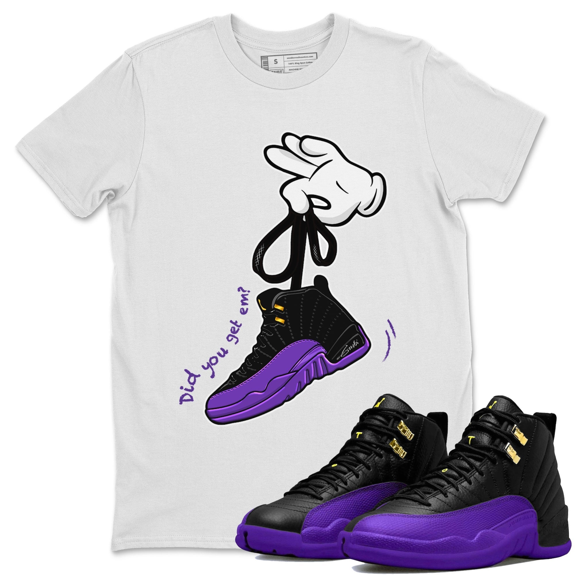 AJ12 Field Purple Sneaker Match Tees Cartoon Hands Streetwear Sneaker Shirt Air Jordan 12 Field Purple Drip Gear Zone Sneaker Matching Clothing Unisex Shirts White 1