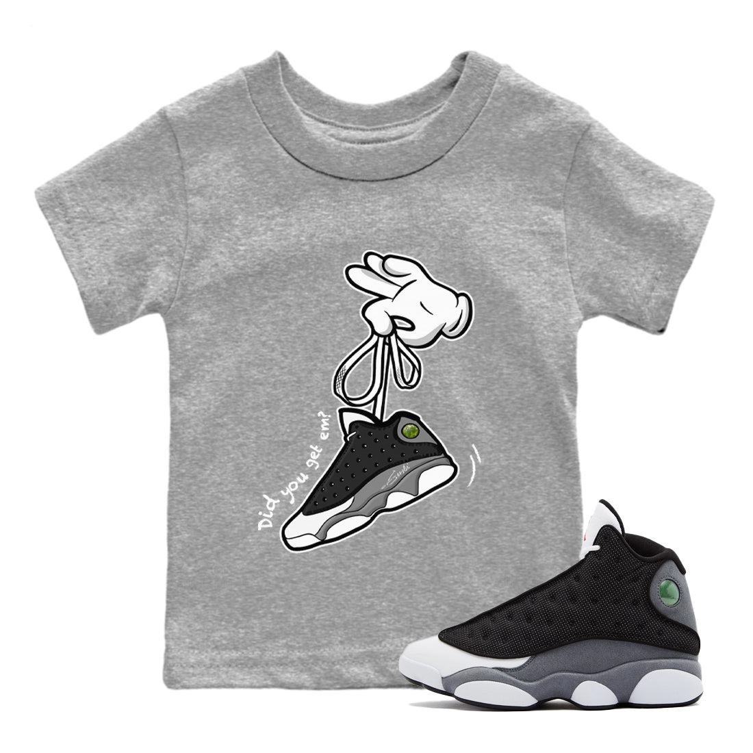 Air Jordan 13 Black Flint Sneaker Match Tees Cartoon Hands Streetwear Sneaker Shirt Air Jordan 13 Retro Black Flint Tee Kids Shirts Heather Grey 1