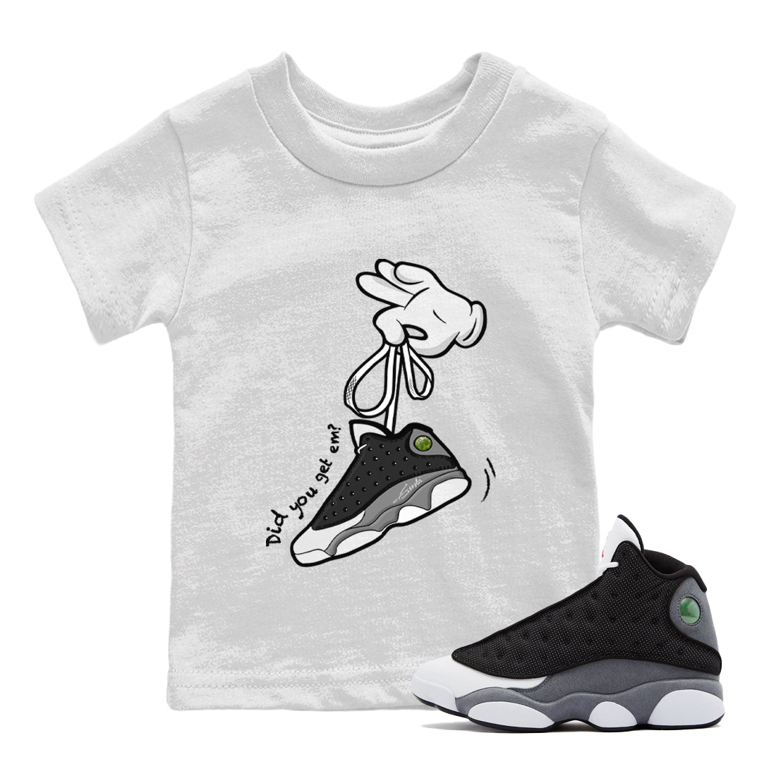 Air Jordan 13 Black Flint Sneaker Match Tees Cartoon Hands Streetwear Sneaker Shirt Air Jordan 13 Retro Black Flint Tee Kids Shirts White 1