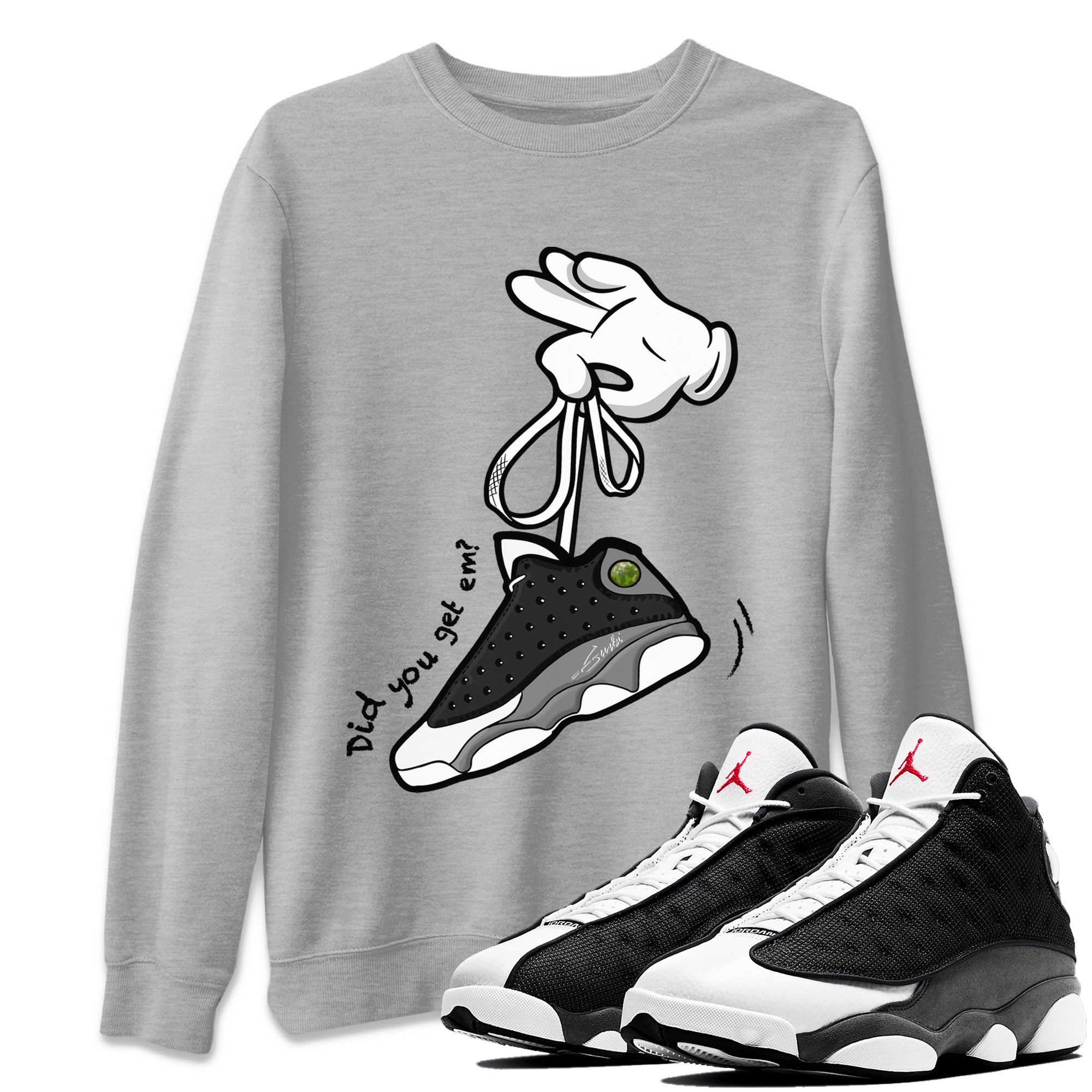 Air Jordan 13 Black Flint Sneaker Match Tees Cartoon Hands Streetwear Sneaker Shirt Air Jordan 13 Retro Black Flint Tee Unisex Shirts Heather Grey 1