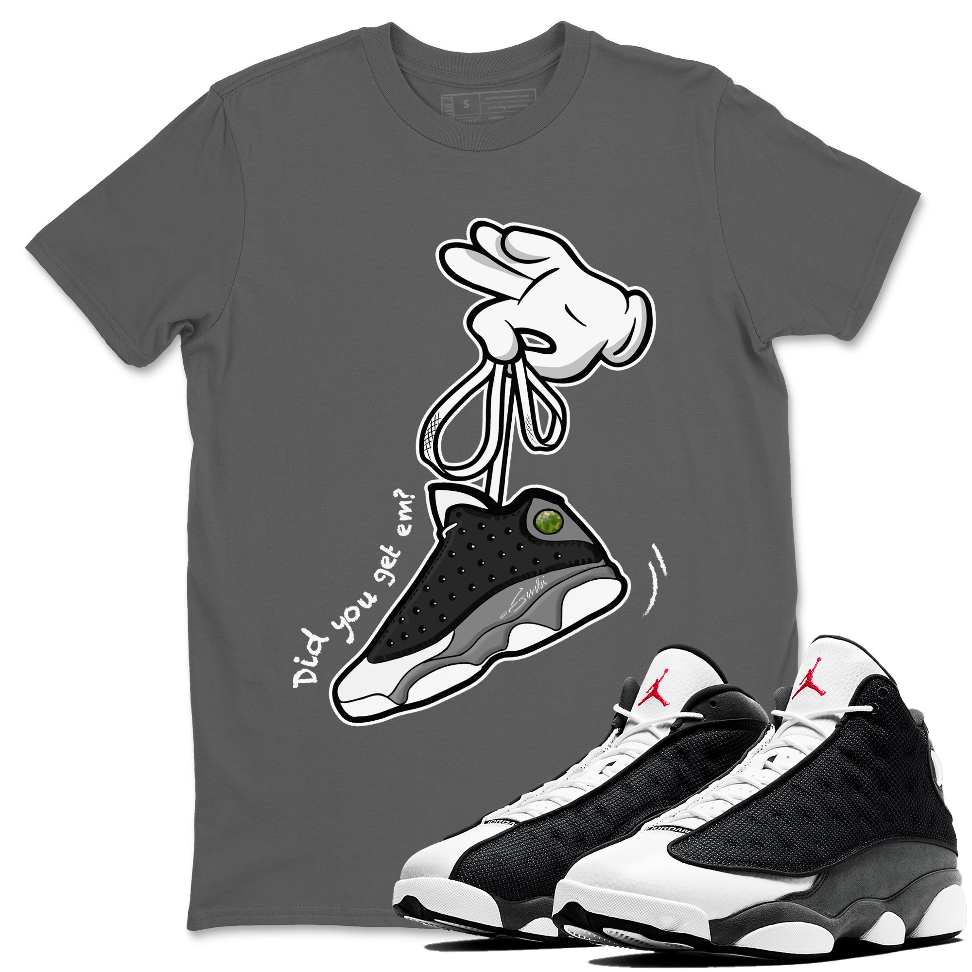 Air Jordan 13 Black Flint Sneaker Match Tees Cartoon Hands Streetwear Sneaker Shirt Air Jordan 13 Retro Black Flint Tee Unisex Shirts Cool Grey 1