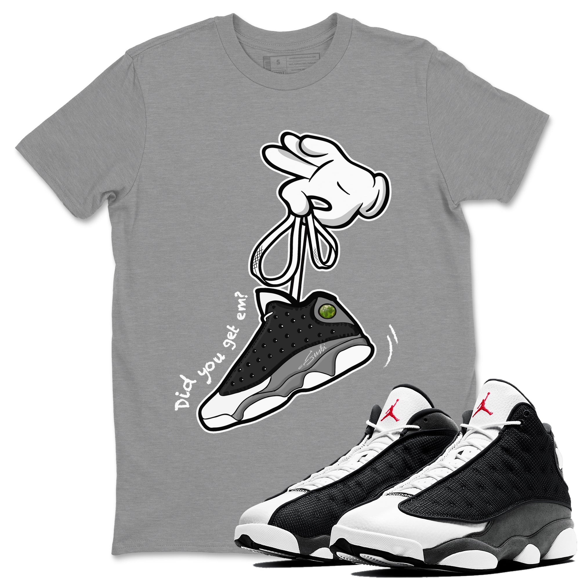 Air Jordan 13 Black Flint Sneaker Match Tees Cartoon Hands Streetwear Sneaker Shirt Air Jordan 13 Retro Black Flint Tee Unisex Shirts Heather Grey 1