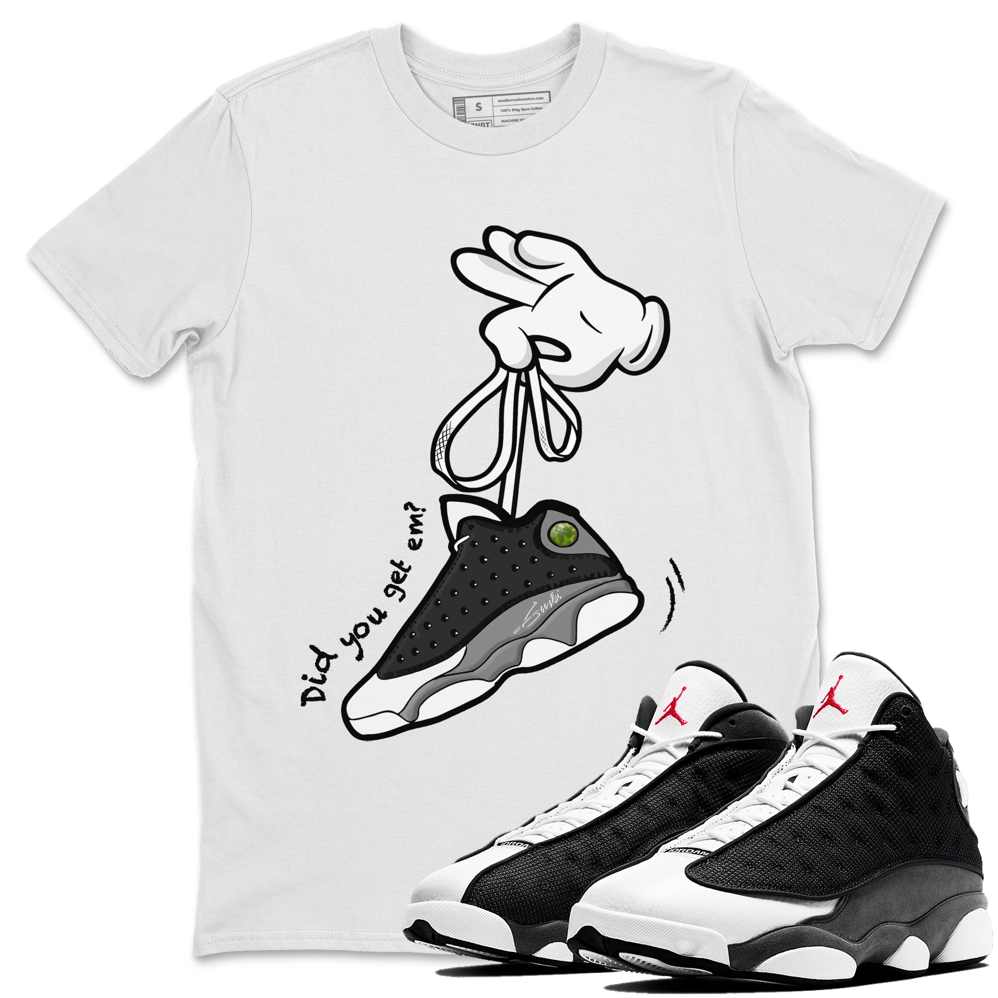 Air Jordan 13 Black Flint Sneaker Match Tees Cartoon Hands Streetwear Sneaker Shirt Air Jordan 13 Retro Black Flint Tee Unisex Shirts White 1