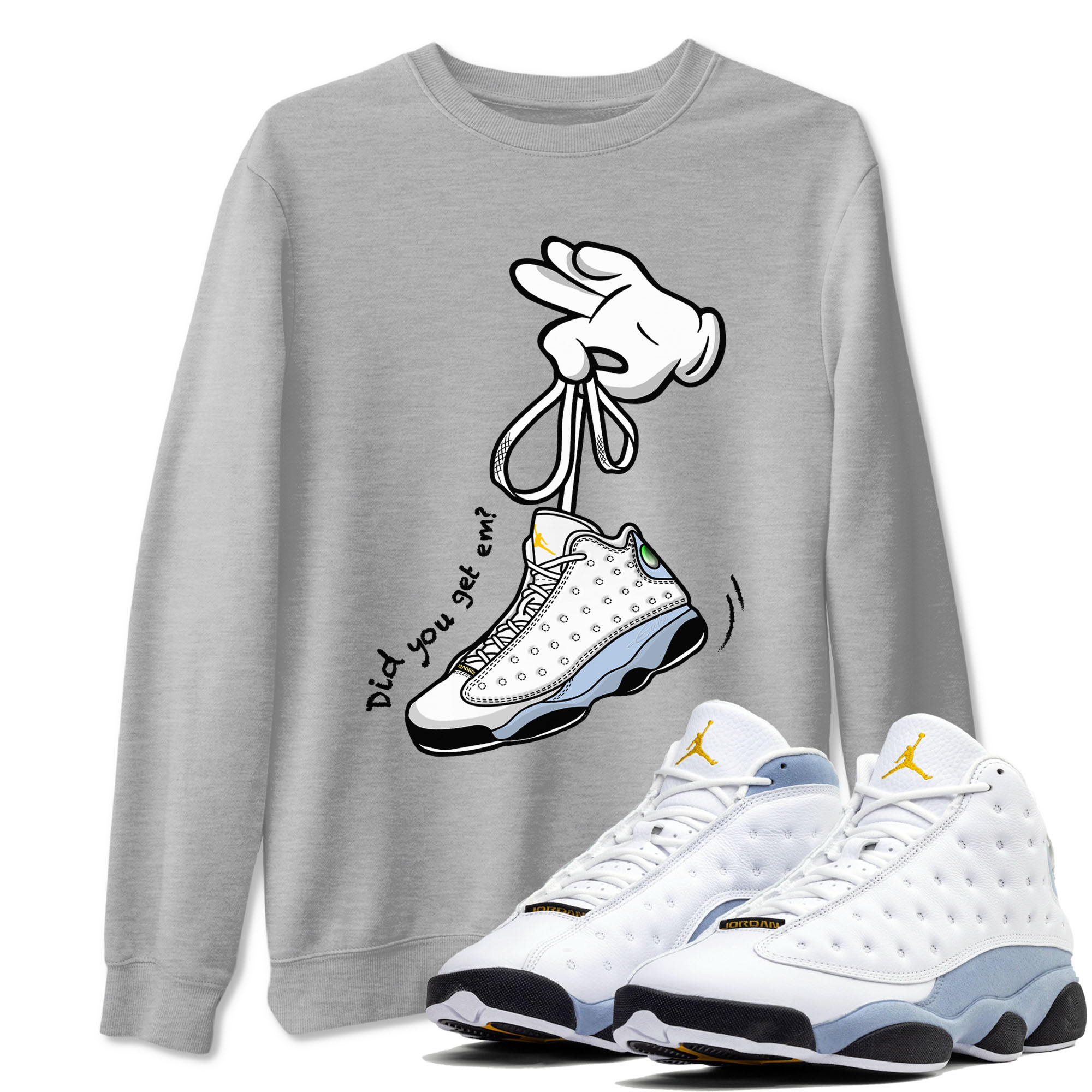 13s Blue Grey shirt to match jordans Cartoon Hands sneaker tees Air Jordan 13 Retro Blue Grey Drip Gear Zone unisex cotton Heather Grey 1 crew neck shirt