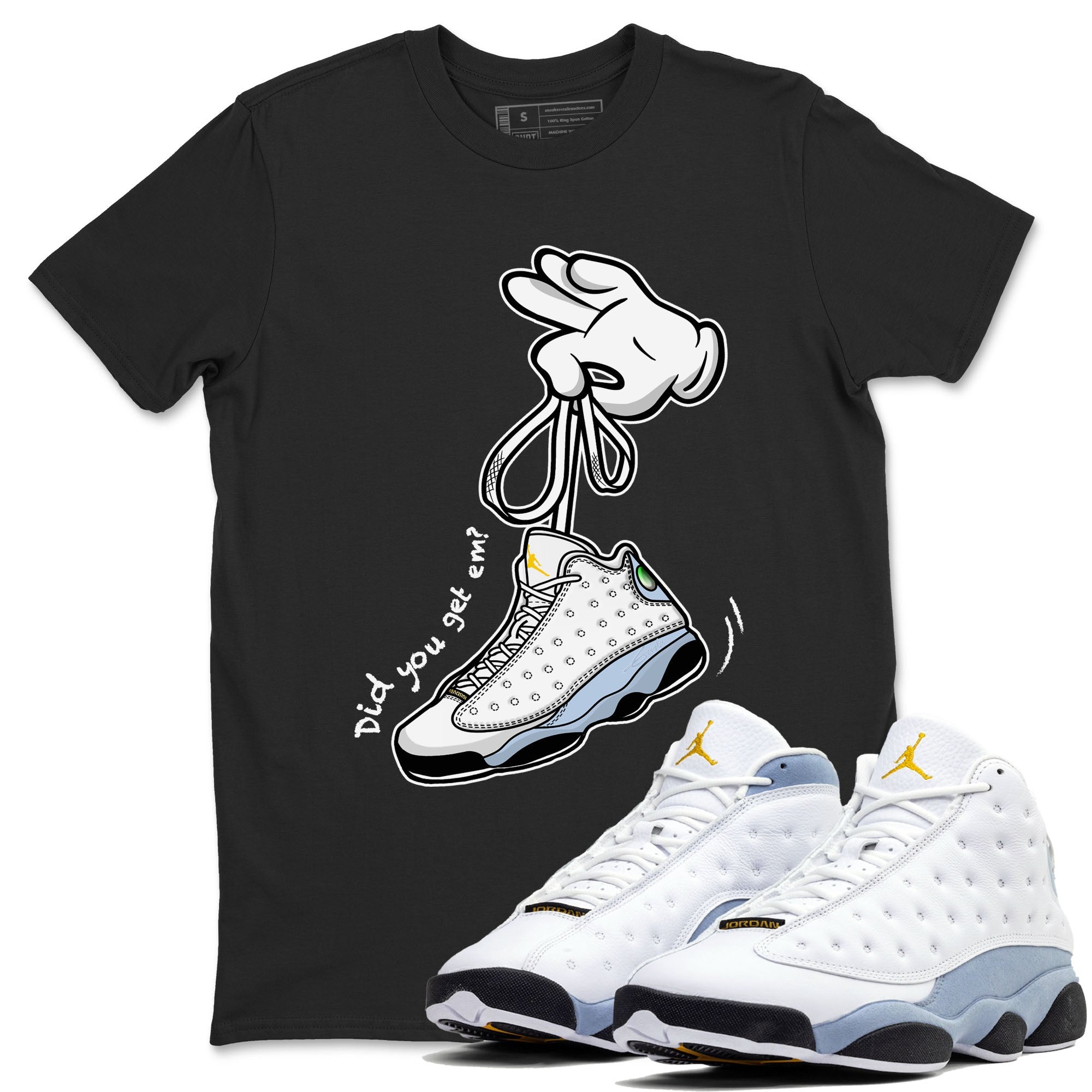 13s Blue Grey shirt to match jordans Cartoon Hands sneaker tees Air Jordan 13 Retro Blue Grey Drip Gear Zone unisex cotton Black 1 crew neck shirt