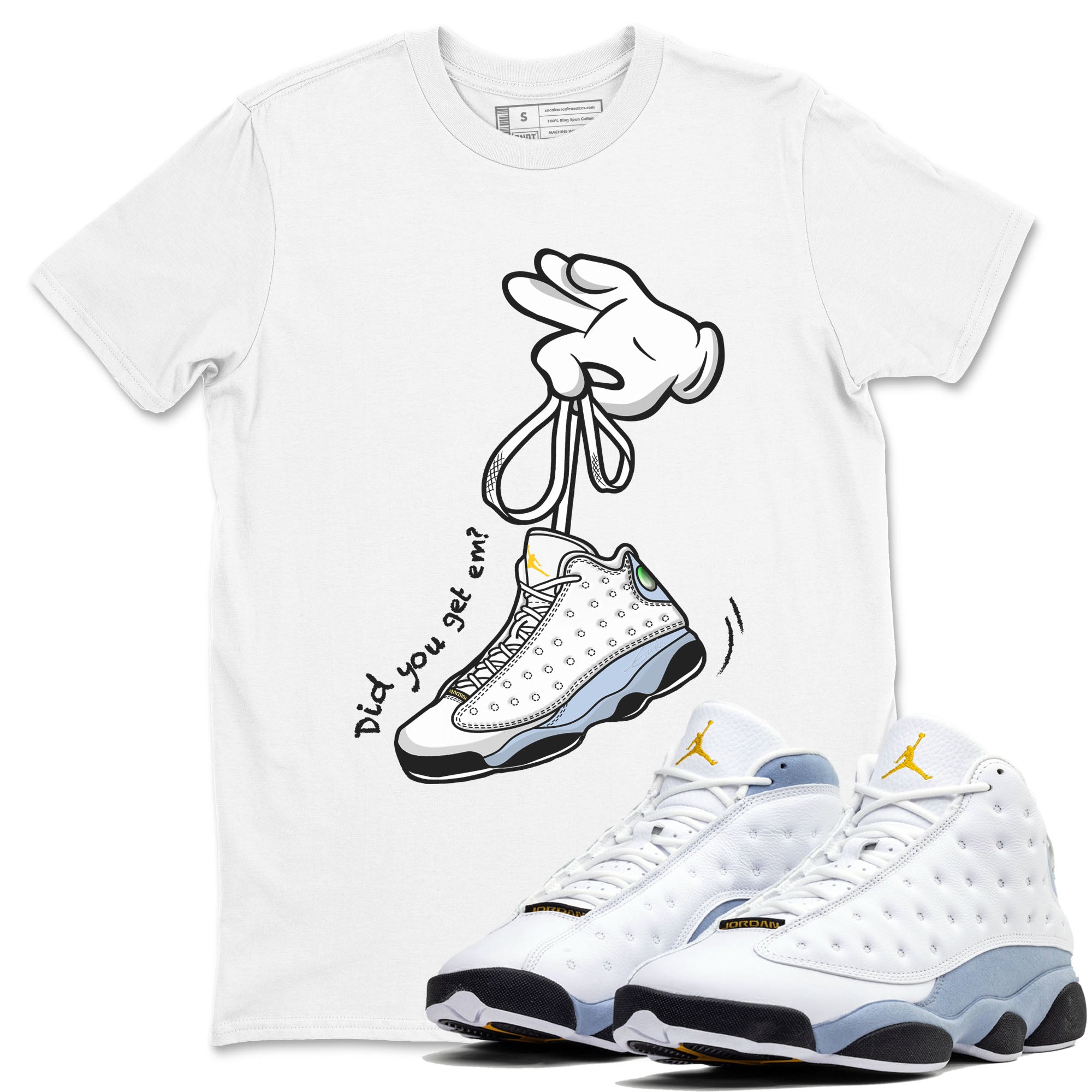 13s Blue Grey shirt to match jordans Cartoon Hands sneaker tees Air Jordan 13 Retro Blue Grey Drip Gear Zone unisex cotton White 1 crew neck shirt