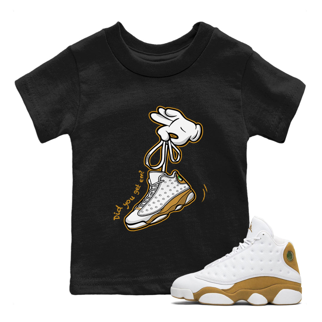 Jordan Retro 13 Wheat Sneaker Matching Tee Cartoon Hands Streetwear Sneaker Shirt Air Jordan 13 Wheat Sneaker Release Tees Kids Shirts Black 1