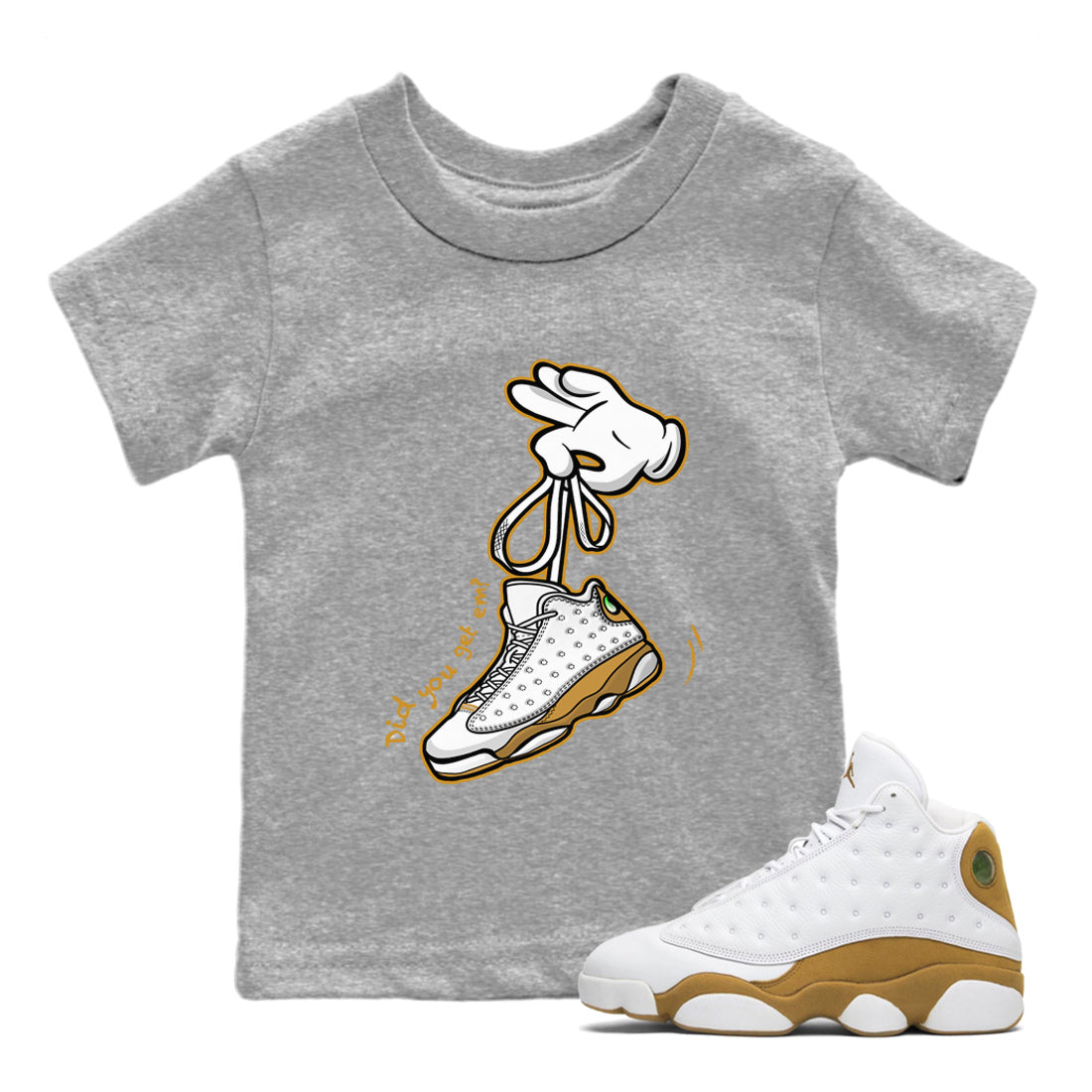 Jordan Retro 13 Wheat Sneaker Matching Tee Cartoon Hands Streetwear Sneaker Shirt Air Jordan 13 Wheat Sneaker Release Tees Kids Shirts Heather Grey 1