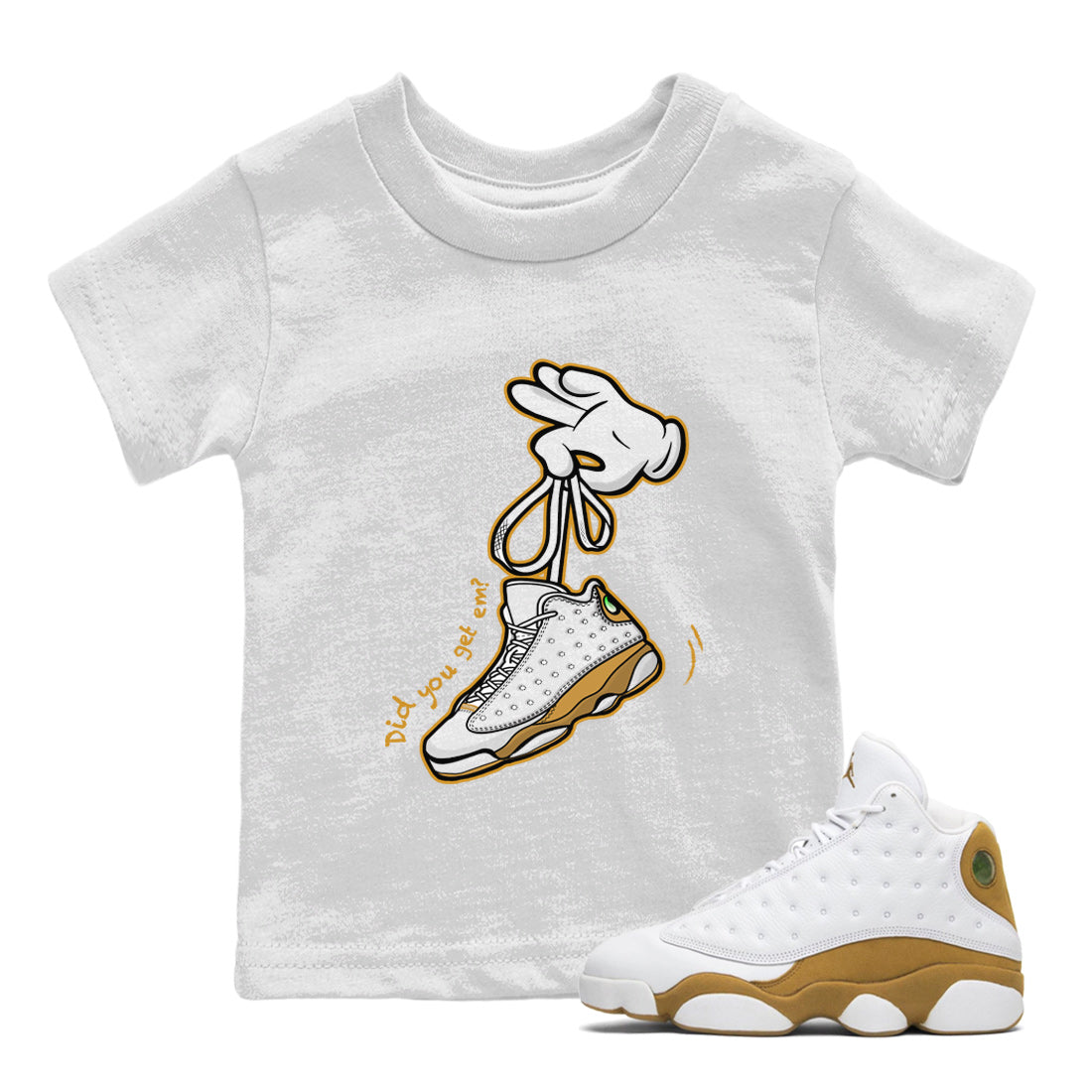 Jordan Retro 13 Wheat Sneaker Matching Tee Cartoon Hands Streetwear Sneaker Shirt Air Jordan 13 Wheat Sneaker Release Tees Kids Shirts White 1