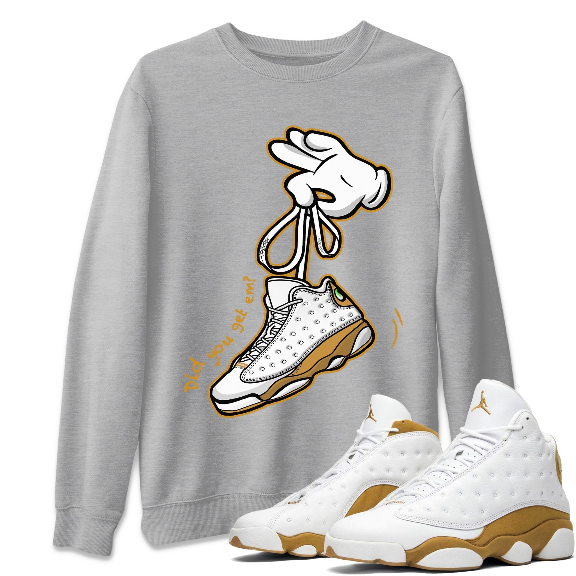 Jordan Retro 13 Wheat Sneaker Matching Tee Cartoon Hands Streetwear Sneaker Shirt Air Jordan 13 Wheat Sneaker Release Tees Unisex Shirts Heather Grey 1