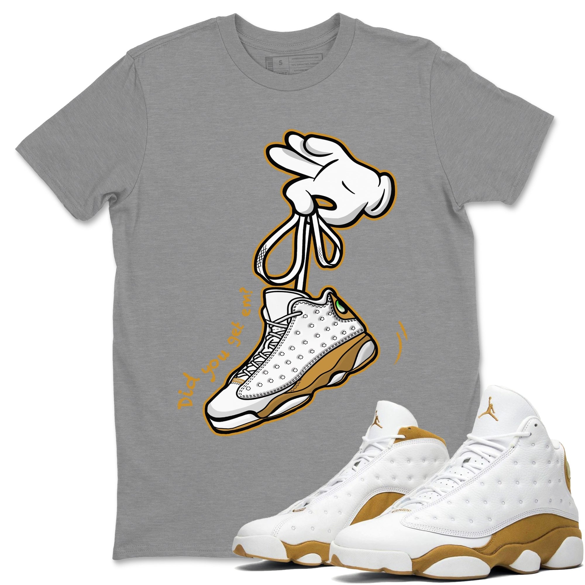Jordan Retro 13 Wheat Sneaker Matching Tee Cartoon Hands Streetwear Sneaker Shirt Air Jordan 13 Wheat Sneaker Release Tees Unisex Shirts Heather Grey 1