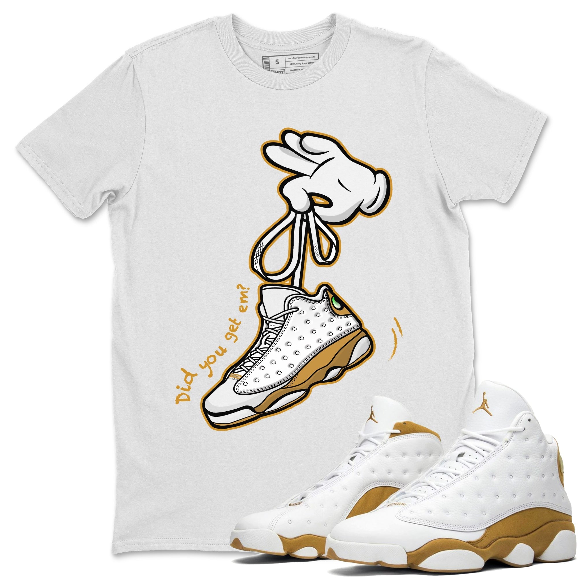 Jordan Retro 13 Wheat Sneaker Matching Tee Cartoon Hands Streetwear Sneaker Shirt Air Jordan 13 Wheat Sneaker Release Tees Unisex Shirts White 1