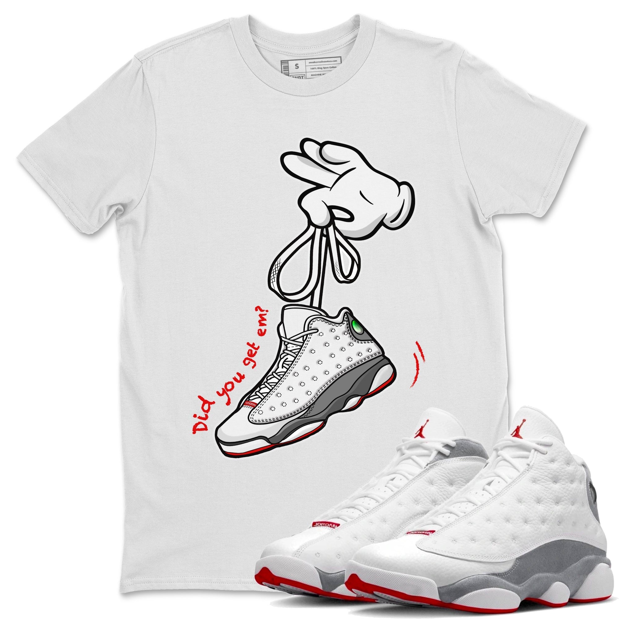 Air Jordan 13 Wolf Grey Sneaker Match Tees Cartoon Hands 13 Wolf Grey T-Shirt Sneaker Release Tees Unisex Shirts White 1