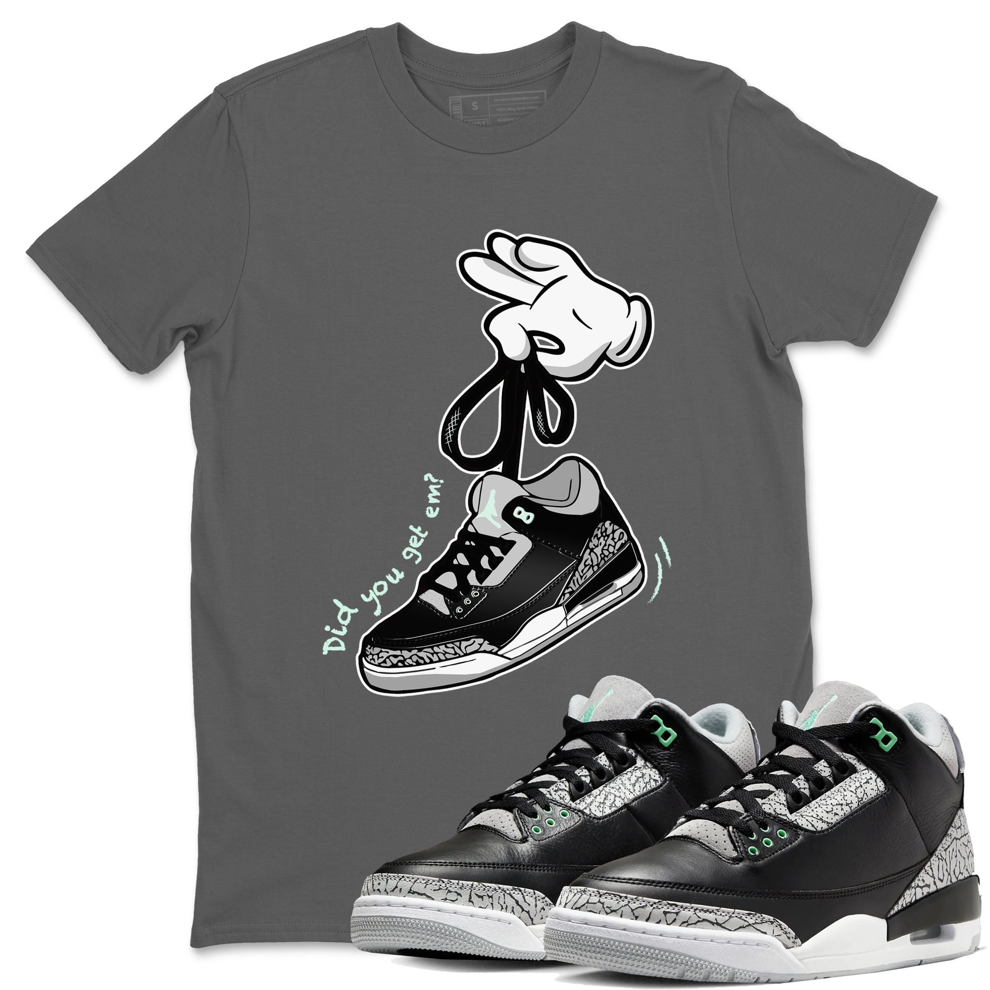 3s Green Glow shirt to match jordans Cartoon Hands sneaker tees Air Jordan 3 Green Glow Drip Gear Zone unisex cotton Cool Grey 1 crew neck shirt