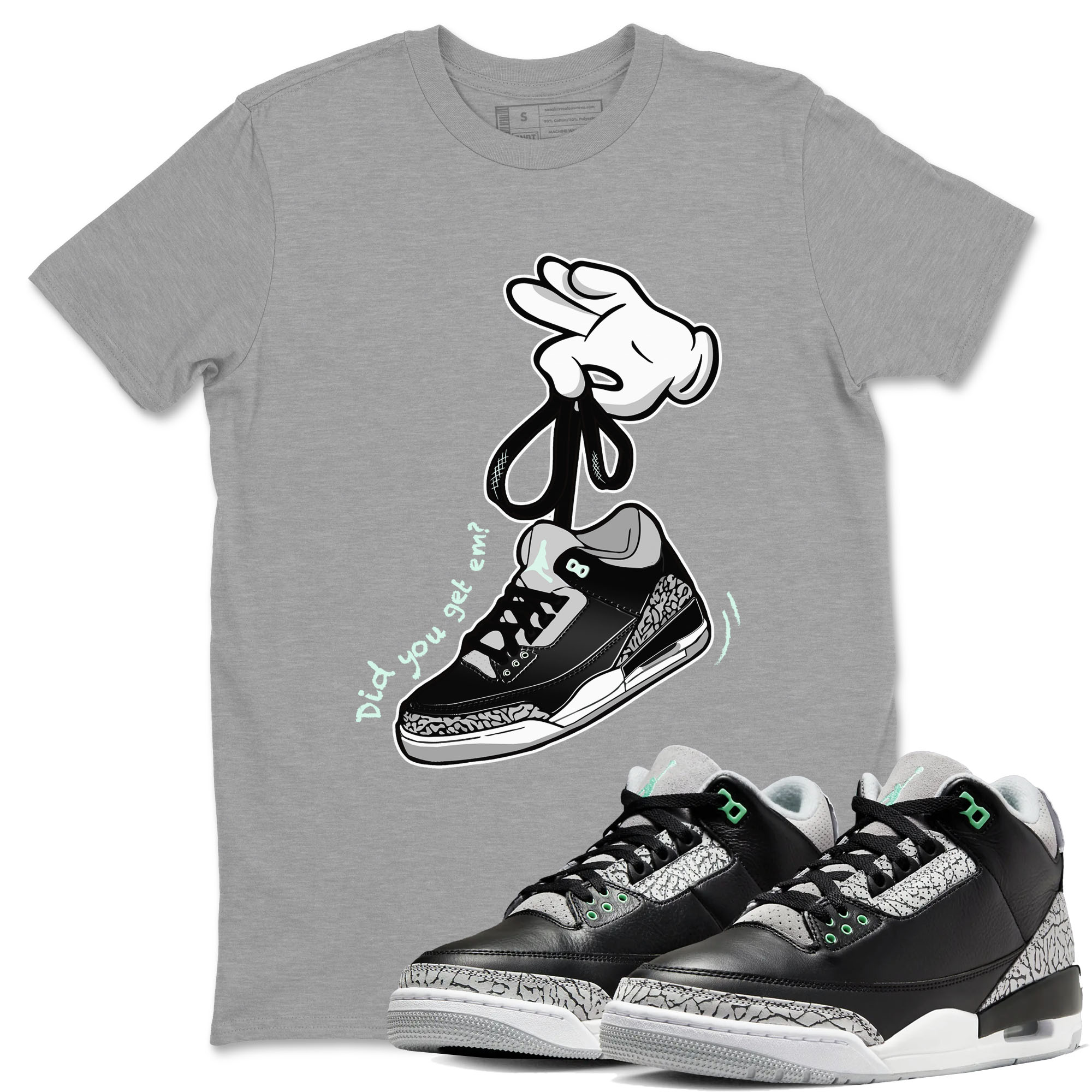3s Green Glow shirt to match jordans Cartoon Hands sneaker tees Air Jordan 3 Green Glow Drip Gear Zone unisex cotton Heather Grey 1 crew neck shirt