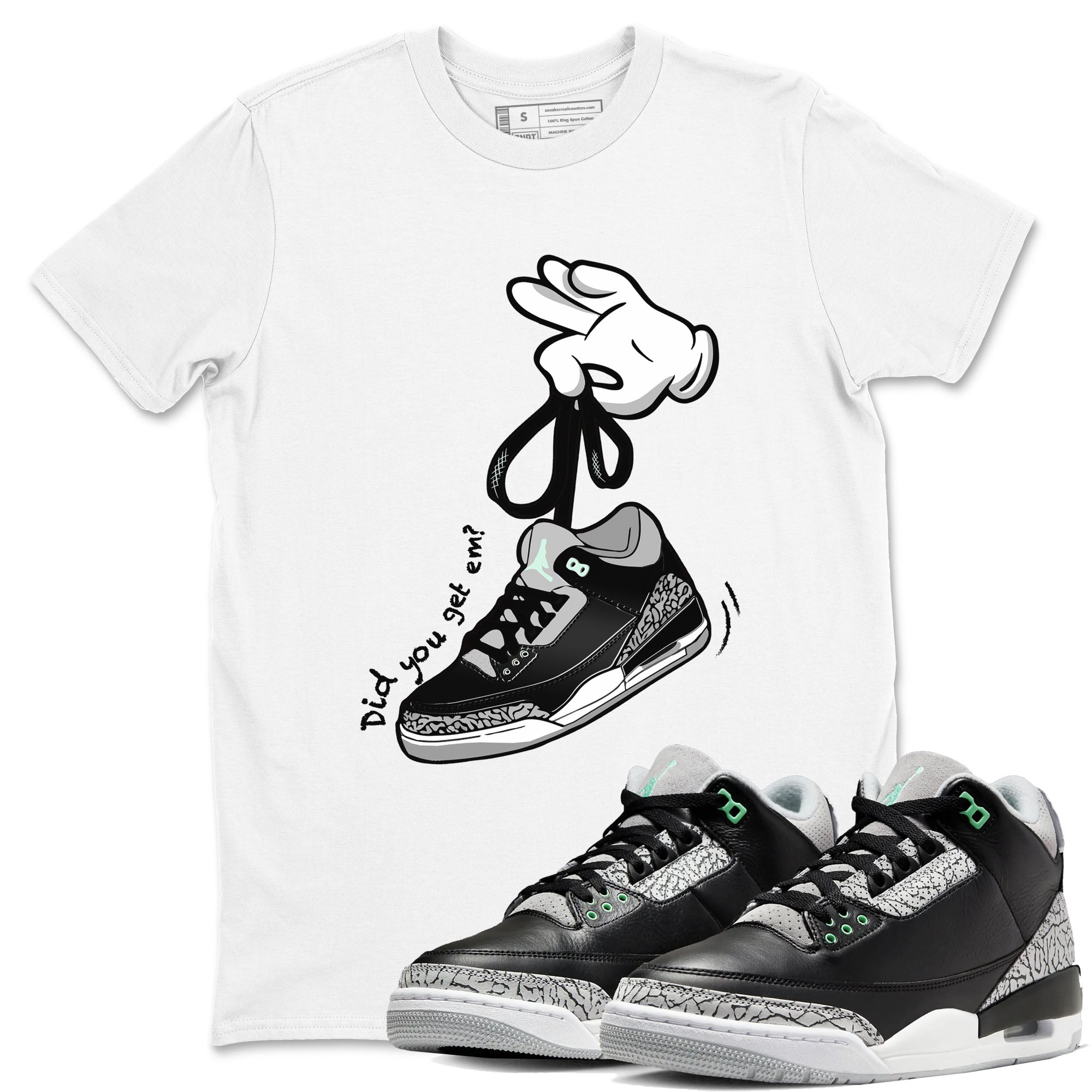 3s Green Glow shirt to match jordans Cartoon Hands sneaker tees Air Jordan 3 Green Glow Drip Gear Zone unisex cotton White 1 crew neck shirt