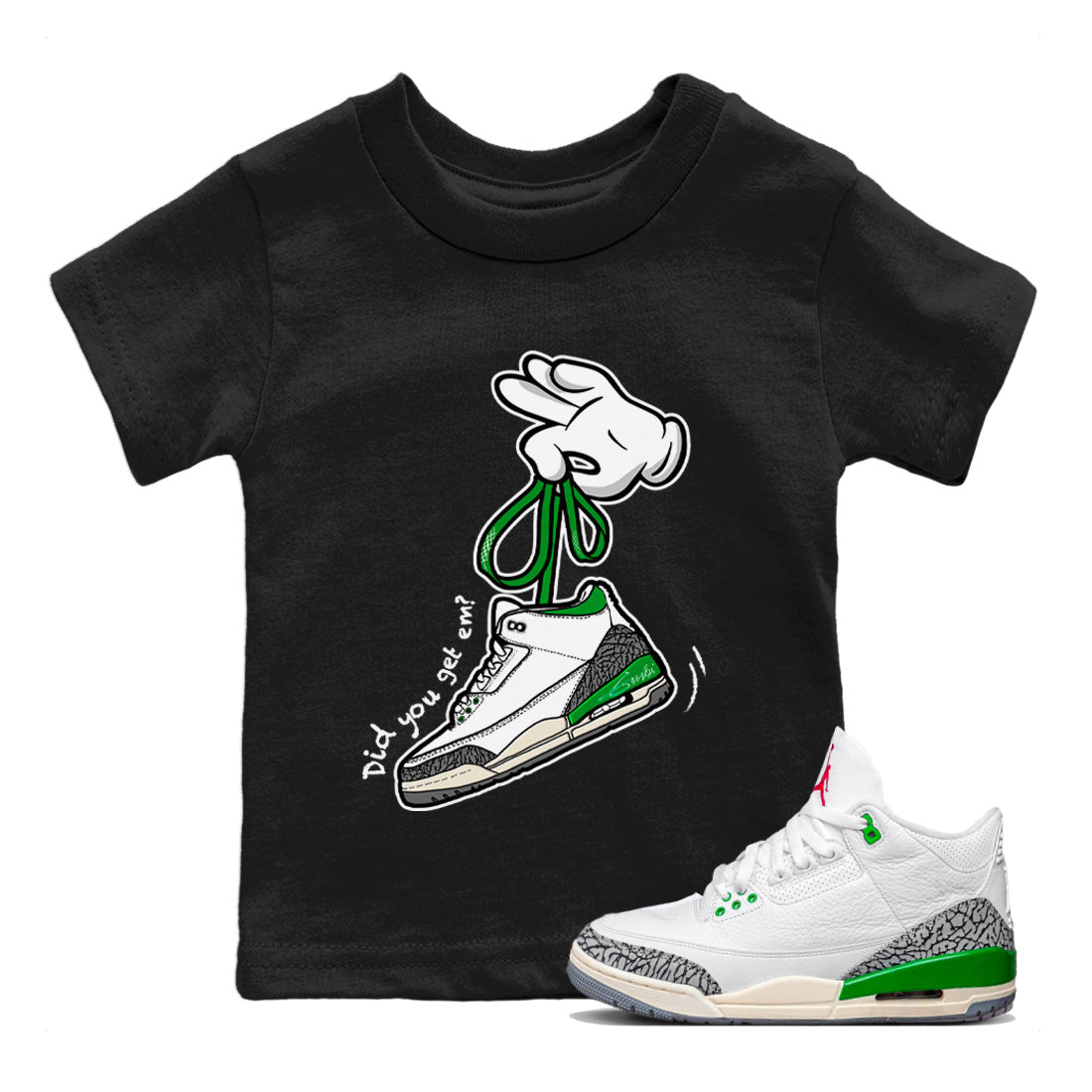 Jordan 3 Lucky Green Sneaker Matching T-Shirt Cartoon Hands Sneaker Tees Jordan 3 Lucky Green Sneaker Release Tees Kids Shirts