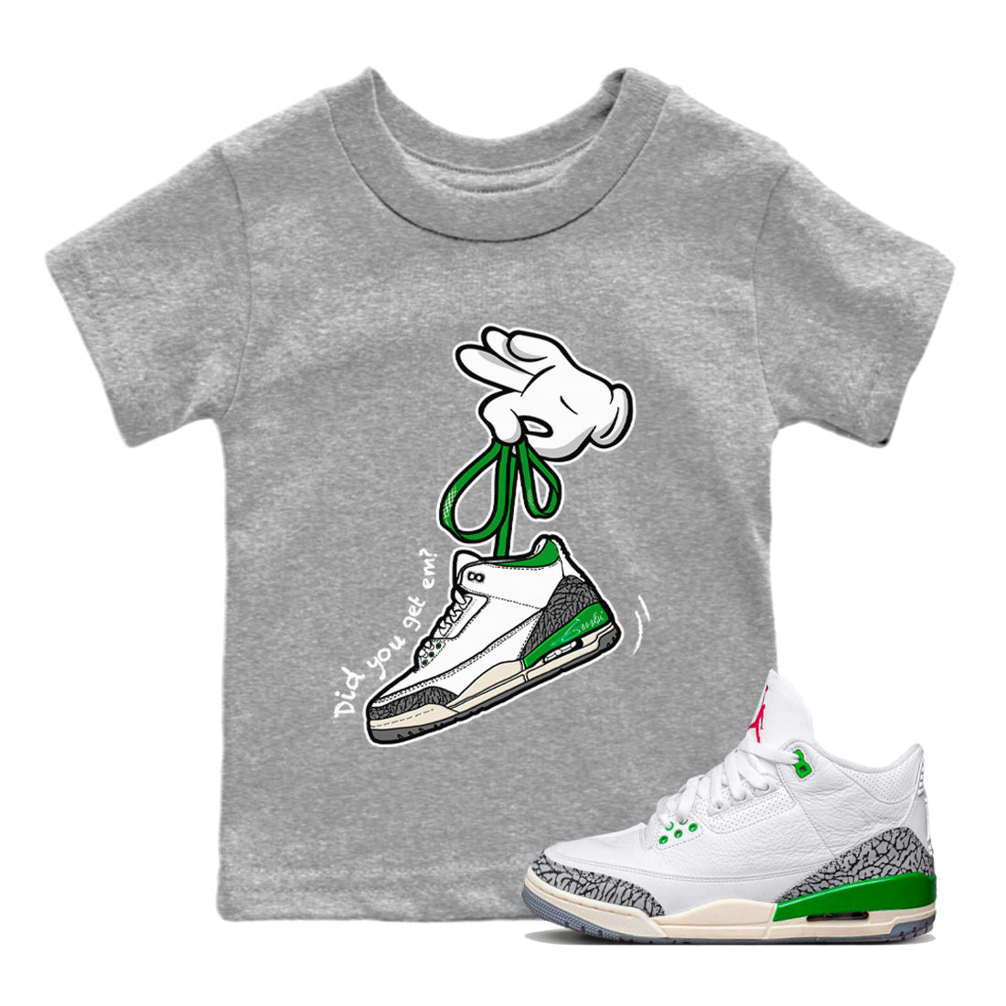 Jordan 3 Lucky Green Sneaker Matching T-Shirt Cartoon Hands Sneaker Tees Jordan 3 Lucky Green Sneaker Release Tees Kids Shirts