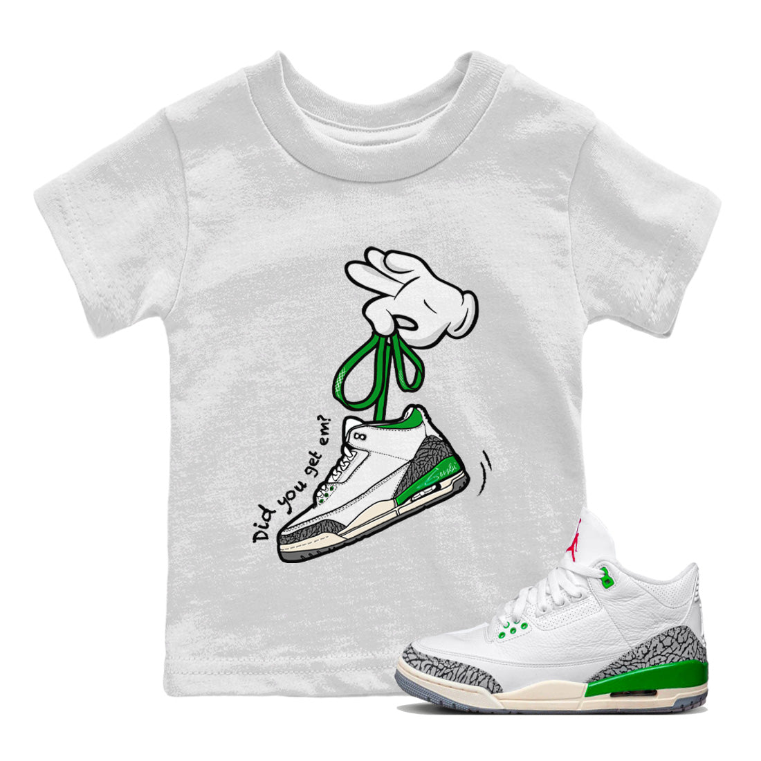 Jordan 3 Lucky Green Sneaker Matching T-Shirt Cartoon Hands Sneaker Tees Jordan 3 Lucky Green Sneaker Release Tees Kids Shirts