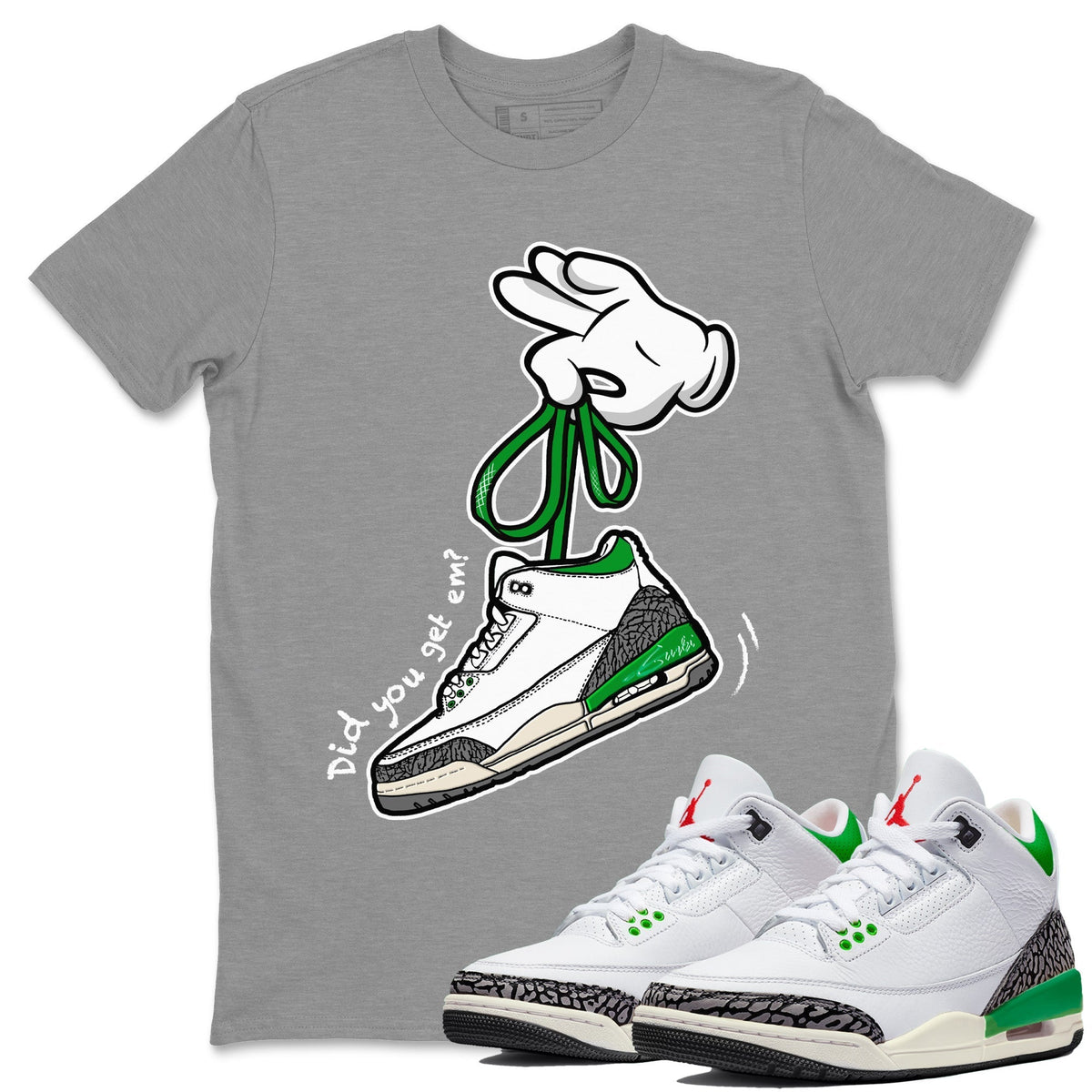 Jordan 3 Lucky Green Sneaker Matching T-Shirt Cartoon Hands Sneaker Tees Jordan 3 Lucky Green Sneaker Release Tees Crew Neck Tees