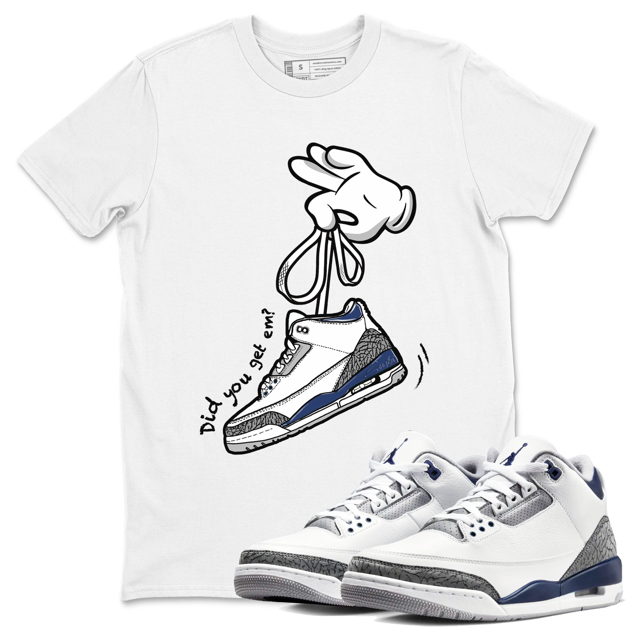 3s Midnight Navy shirt to match jordans Cartoon Hands sneaker match tee Air Jordan 3 Midnight Navy Drip Gear Zone unisex cotton White 1 crew neck shirt