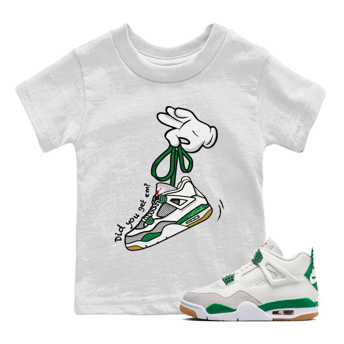 Air Jordan 4 Pine Green Sneaker Match Tees Cartoon Hands Streetwear Sneaker Shirt Nike SB Air Jordan 4 Pine Green Sneaker Release Tees Kids Shirts White 1