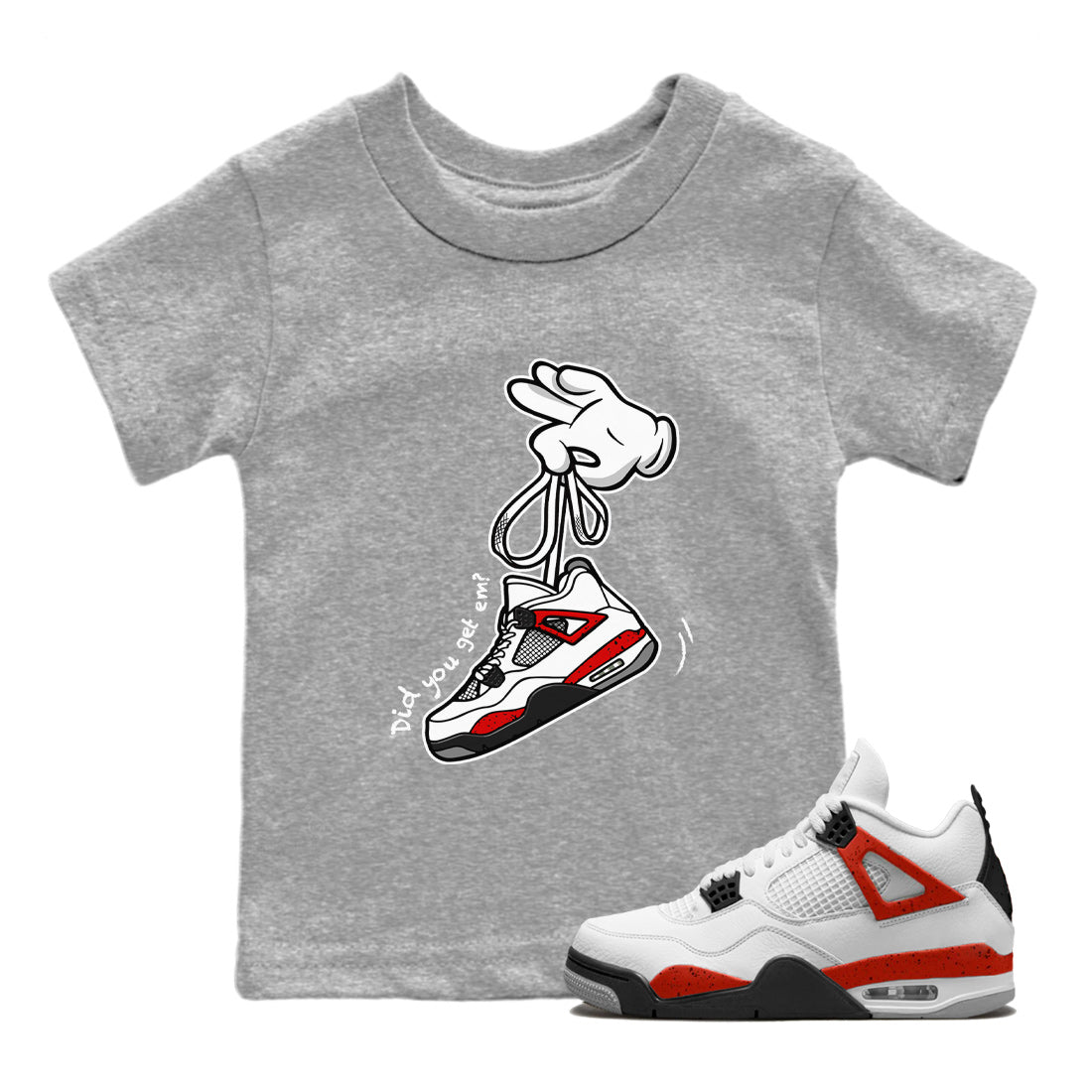 Air Jordan 4 Red Cement Sneaker Match Tees Cartoon Hands Streetwear Sneaker Shirt Air Jordan 4 Retro Red Cement Drip Gear Zone Sneaker Matching Clothing Kids Shirts Heather Grey 1
