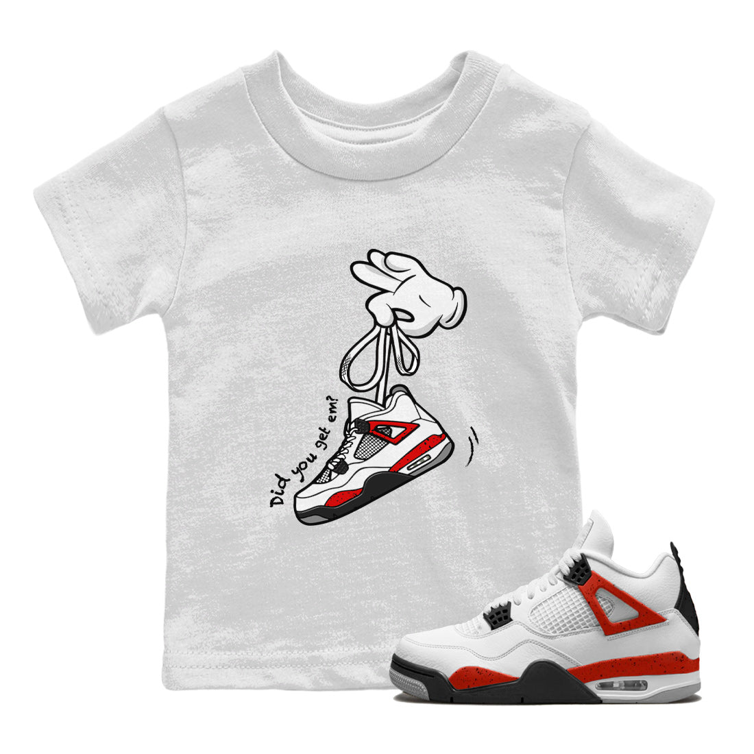 Air Jordan 4 Red Cement Sneaker Match Tees Cartoon Hands Streetwear Sneaker Shirt Air Jordan 4 Retro Red Cement Drip Gear Zone Sneaker Matching Clothing Kids Shirts White 1