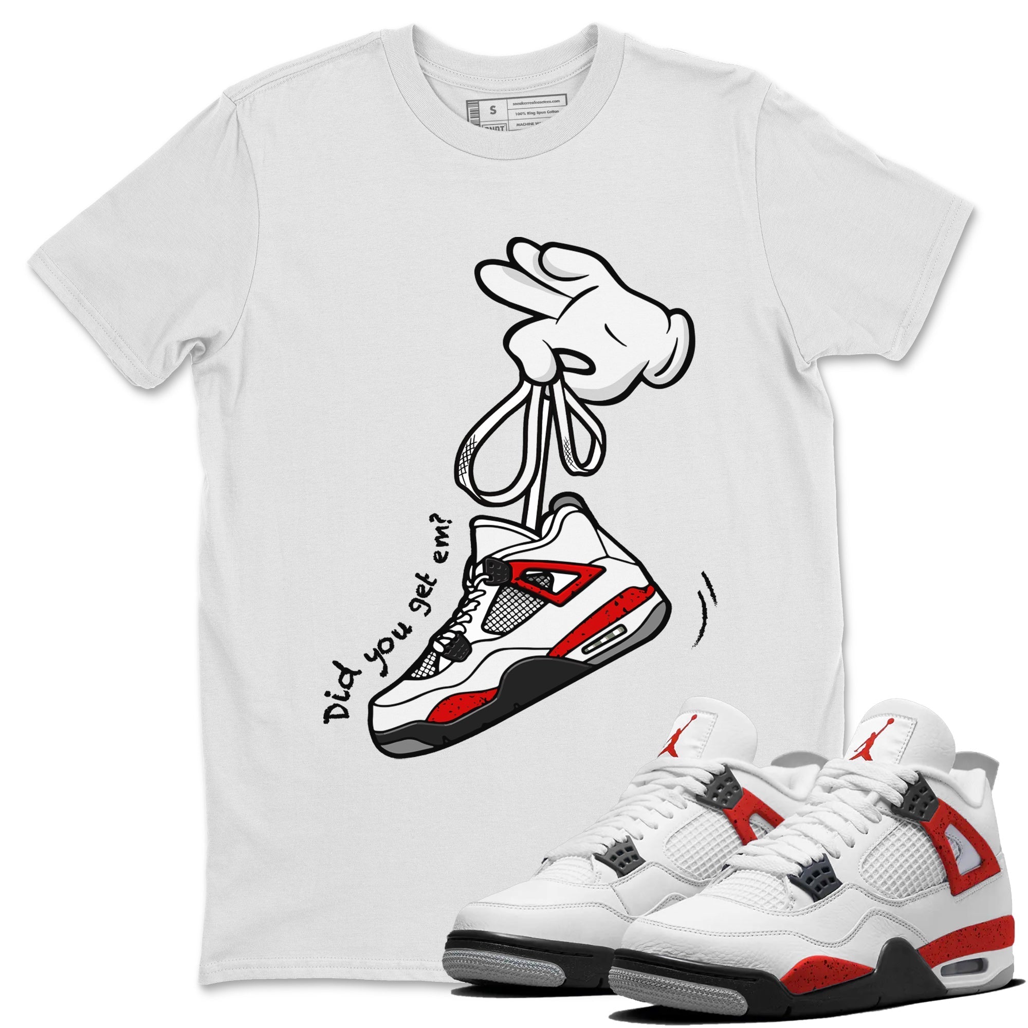 Air Jordan 4 Red Cement Sneaker Match Tees Cartoon Hands Streetwear Sneaker Shirt Air Jordan 4 Retro Red Cement Drip Gear Zone Sneaker Matching Clothing Unisex Shirts White 1