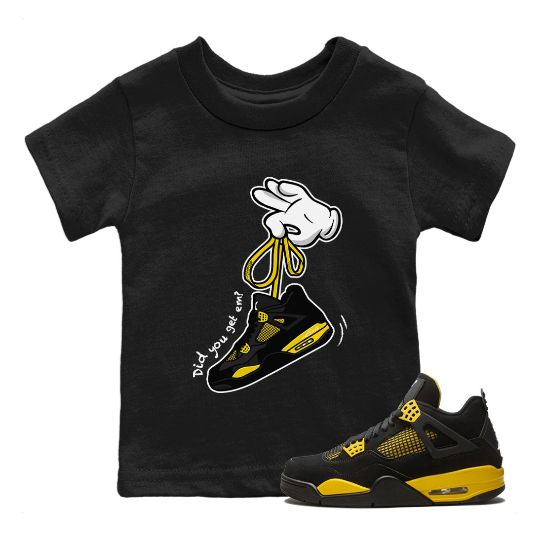 Air Jordan 4 Thunder Sneaker Match Tees Cartoon Hands Streetwear Sneaker Shirt Air Jordan 4 Retro Thunder Sneaker Release Tees Kids Shirts Black 1