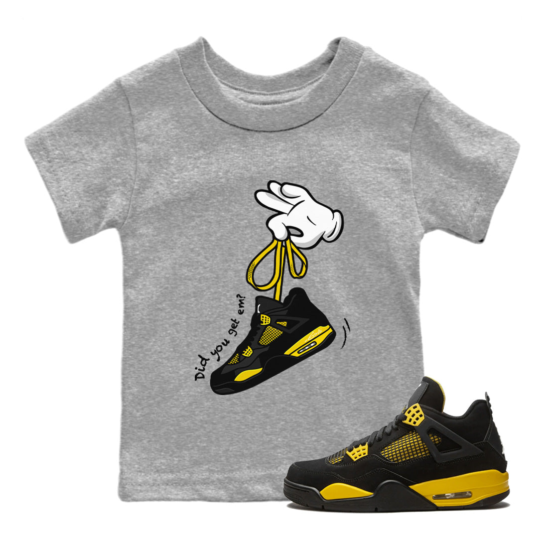 Air Jordan 4 Thunder Sneaker Match Tees Cartoon Hands Streetwear Sneaker Shirt Air Jordan 4 Retro Thunder Sneaker Release Tees Kids Shirts Heather Grey 1