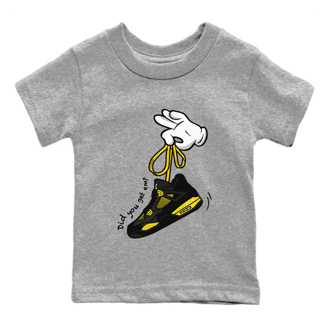 Air Jordan 4 Thunder Sneaker Match Tees Cartoon Hands Streetwear Sneaker Shirt Air Jordan 4 Retro Thunder Sneaker Release Tees Kids Shirts Heather Grey 2