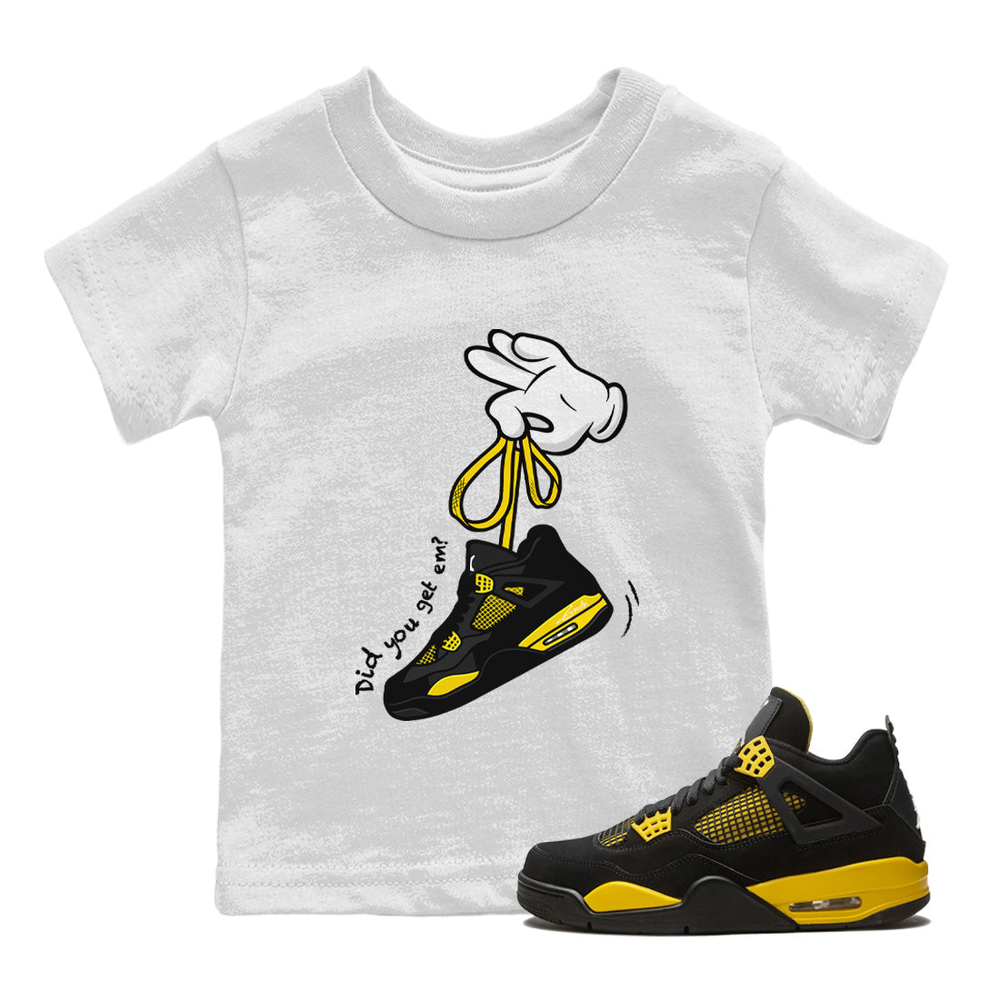 Air Jordan 4 Thunder Sneaker Match Tees Cartoon Hands Streetwear Sneaker Shirt Air Jordan 4 Retro Thunder Sneaker Release Tees Kids Shirts White 1