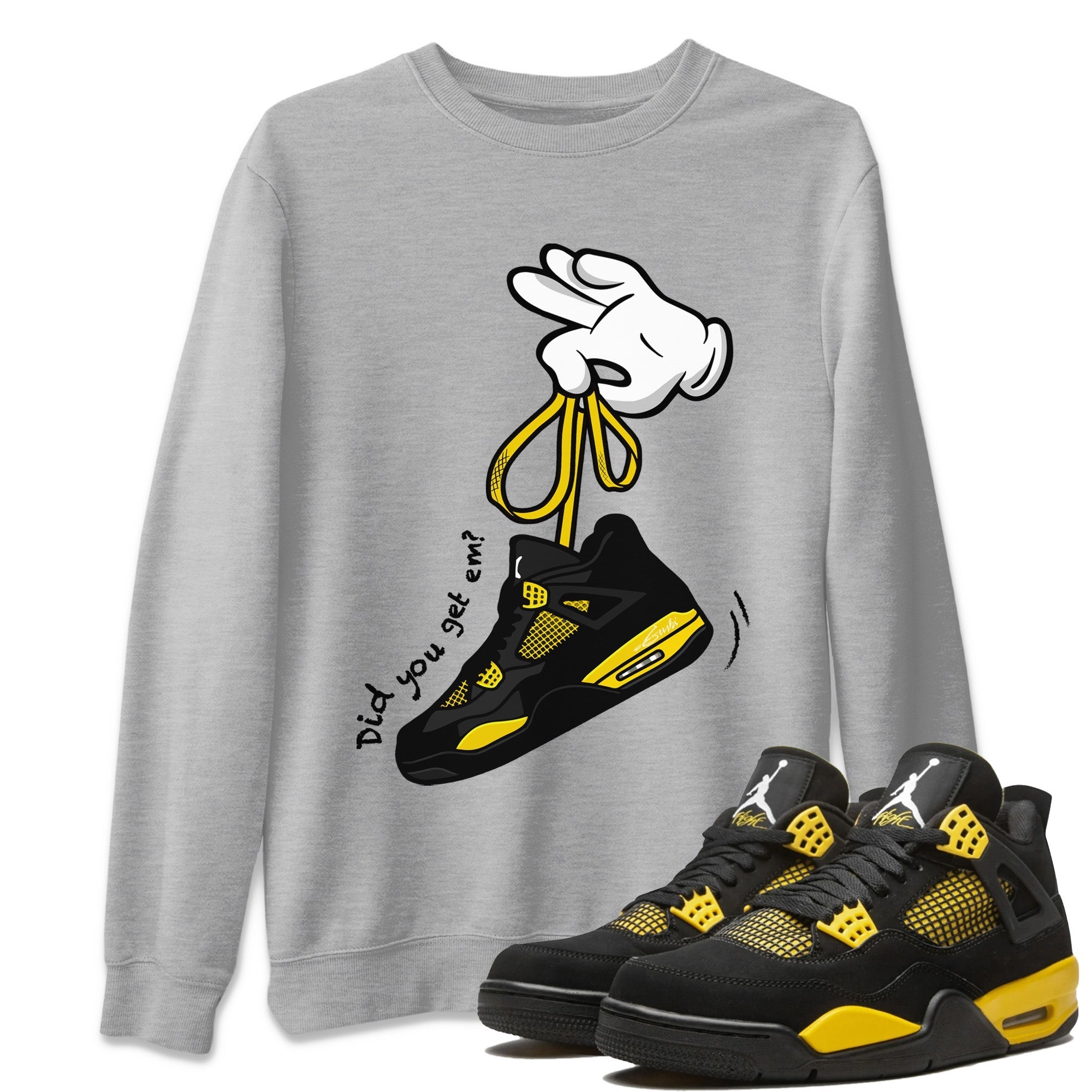 Air Jordan 4 Thunder Sneaker Match Tees Cartoon Hands Streetwear Sneaker Shirt Air Jordan 4 Retro Thunder Sneaker Release Tees Unisex Shirts Heather Grey 1