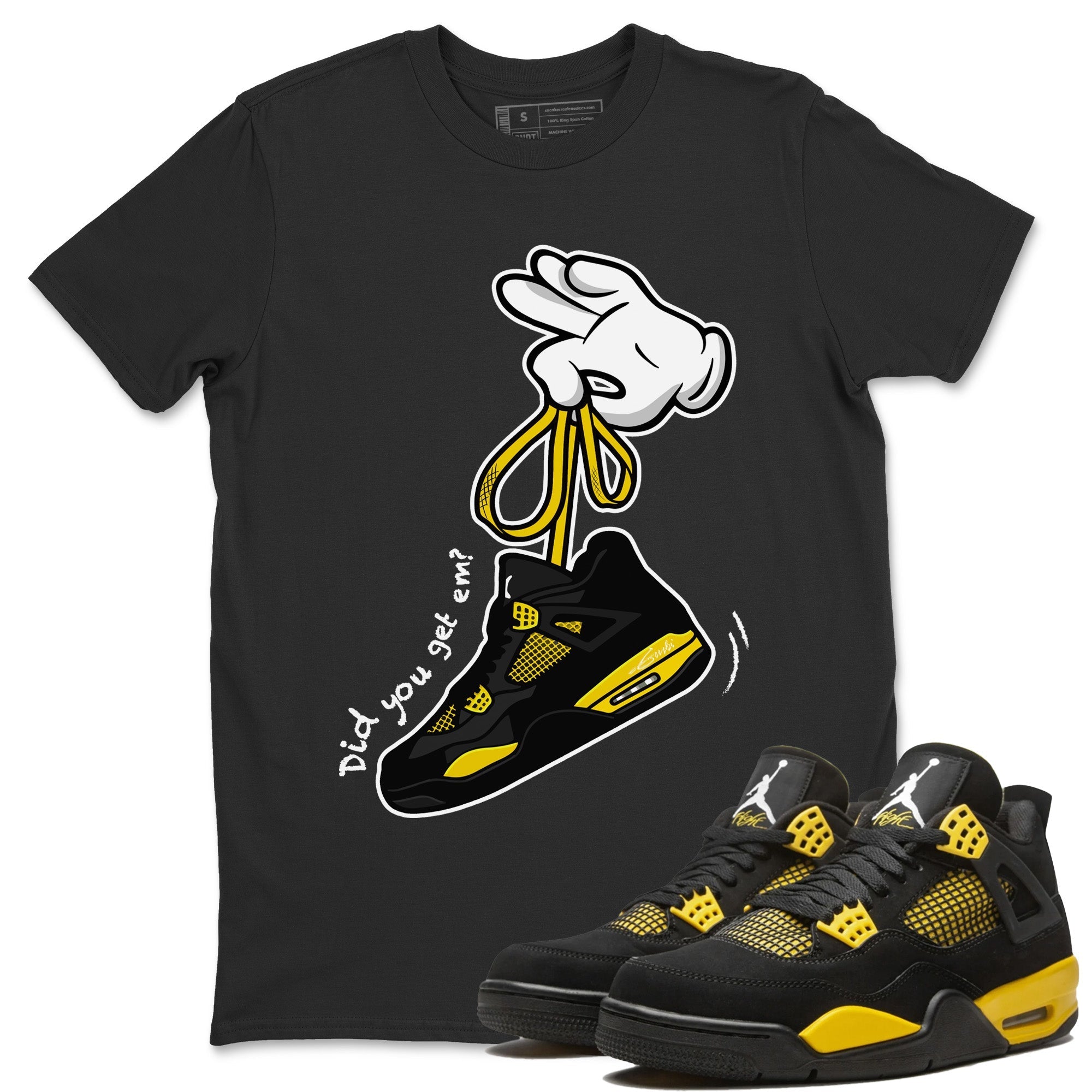 Air Jordan 4 Thunder Sneaker Match Tees Cartoon Hands Streetwear Sneaker Shirt Air Jordan 4 Retro Thunder Sneaker Release Tees Unisex Shirts Black 1