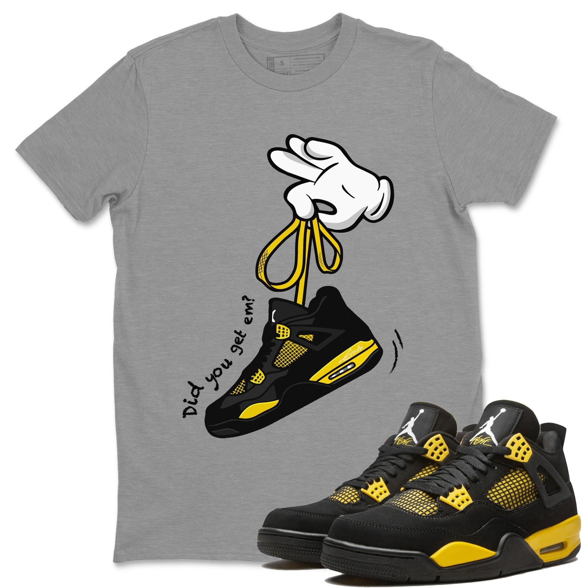 Air Jordan 4 Thunder Sneaker Match Tees Cartoon Hands Streetwear Sneaker Shirt Air Jordan 4 Retro Thunder Sneaker Release Tees Unisex Shirts Heather Grey 1