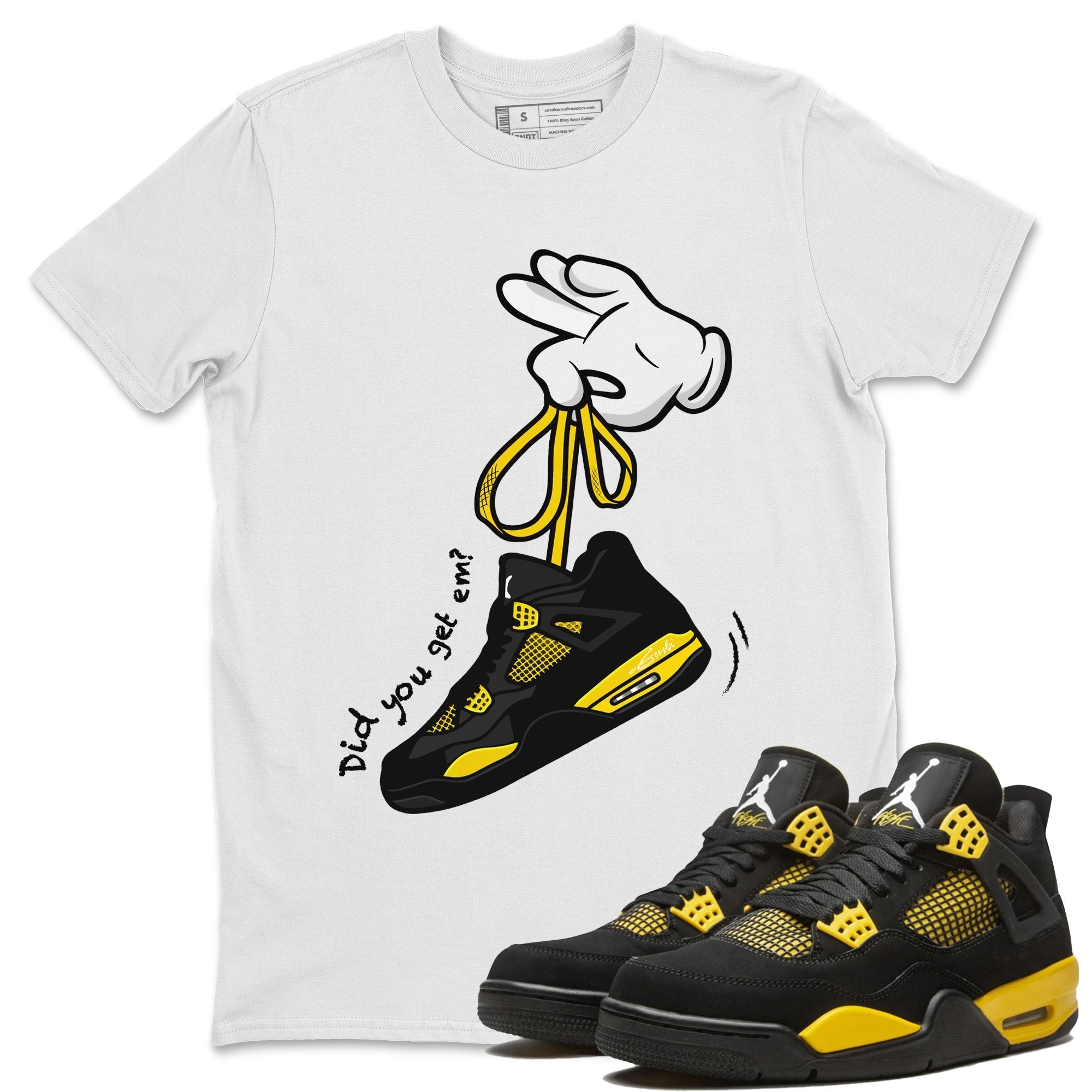 Air Jordan 4 Thunder Sneaker Match Tees Cartoon Hands Streetwear Sneaker Shirt Air Jordan 4 Retro Thunder Sneaker Release Tees Unisex Shirts White 1