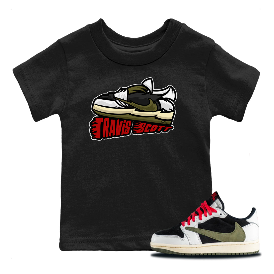 Jordan 1 Travis Scott Olive Sneaker Tees Drip Gear Zone Cartoon Shoes Sneaker Tees Jordan 1 Travis Scott Olive Shirt Kids Shirts