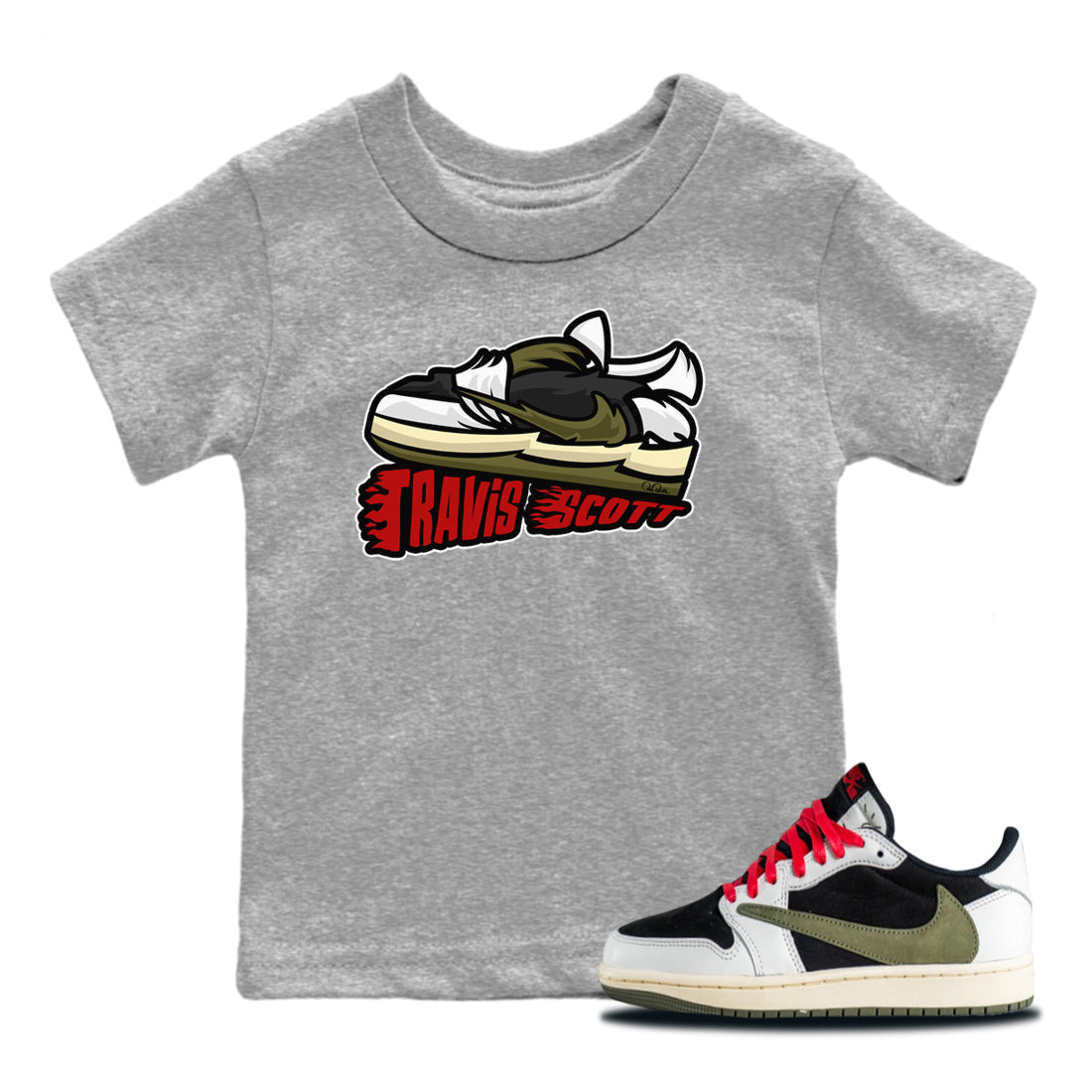 Jordan 1 Travis Scott Olive Sneaker Tees Drip Gear Zone Cartoon Shoes Sneaker Tees Jordan 1 Travis Scott Olive Shirt Kids Shirts