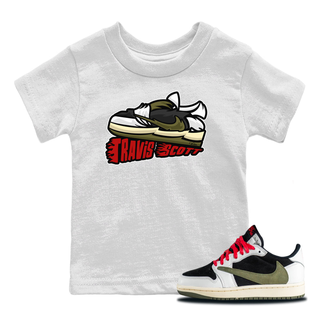Jordan 1 Travis Scott Olive Sneaker Tees Drip Gear Zone Cartoon Shoes Sneaker Tees Jordan 1 Travis Scott Olive Shirt Kids Shirts