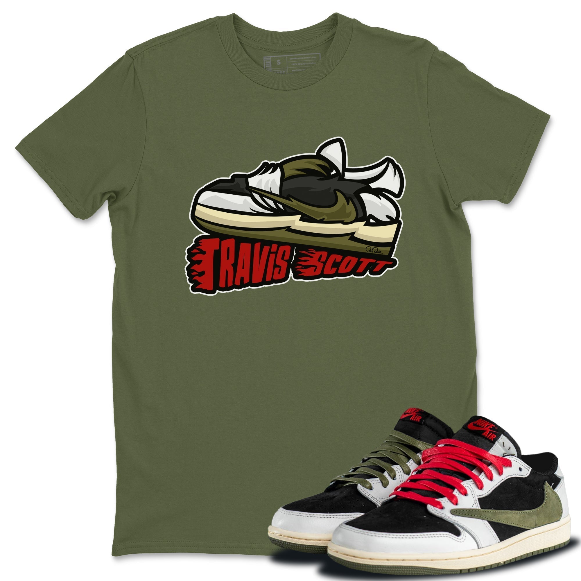 Jordan 1 Travis Scott Olive Sneaker Tees Drip Gear Zone Cartoon Shoes Sneaker Tees Jordan 1 Travis Scott Olive Shirt Unisex Shirts