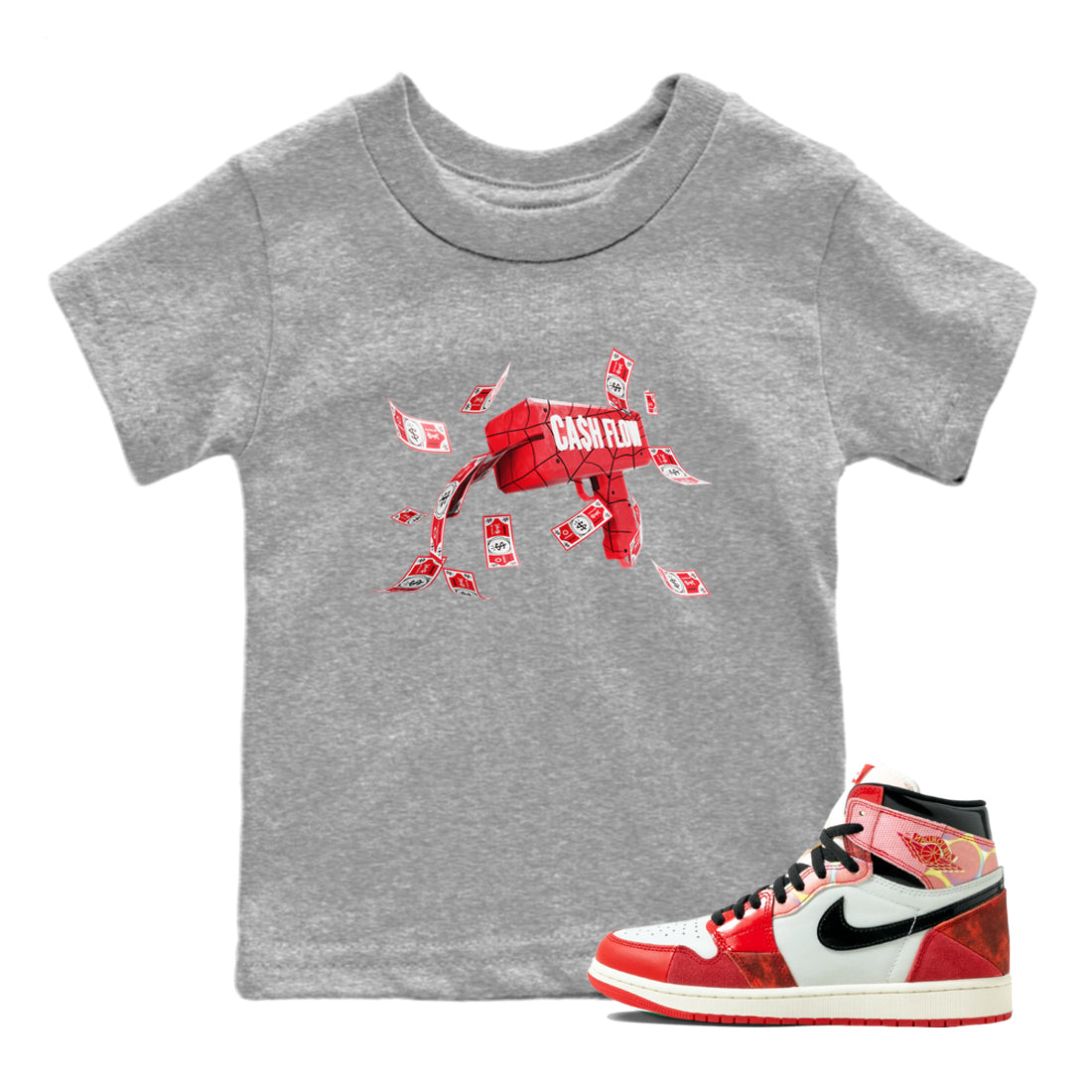 Air Jordan 1 Spider Man Sneaker Match Tees Cash Flow Sneaker Release Tees AJ1 OG HIGH Spider Man Sneaker Release Tees Kids Shirts Heather Grey 1
