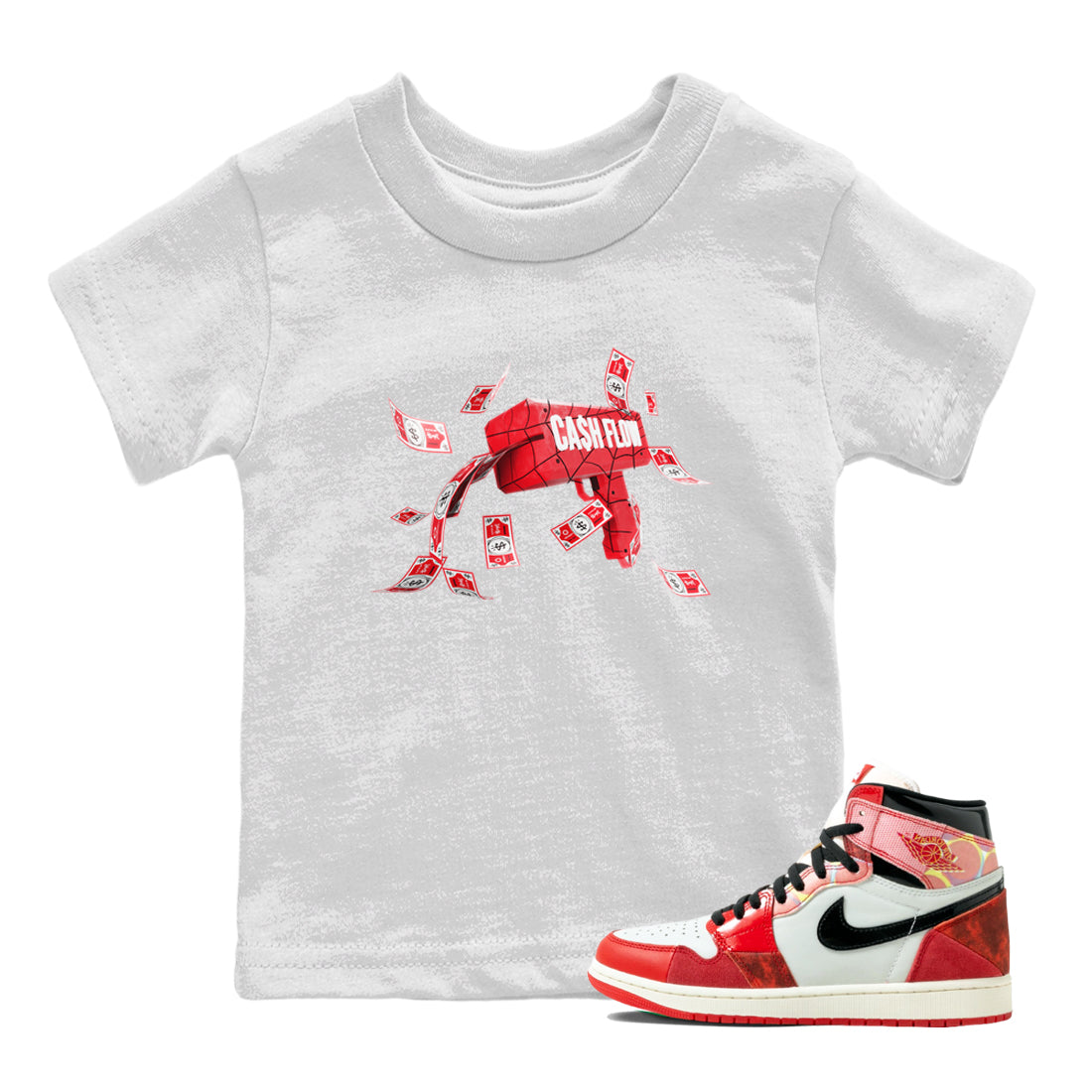 Air Jordan 1 Spider Man Sneaker Match Tees Cash Flow Sneaker Release Tees AJ1 OG HIGH Spider Man Sneaker Release Tees Kids Shirts White 1