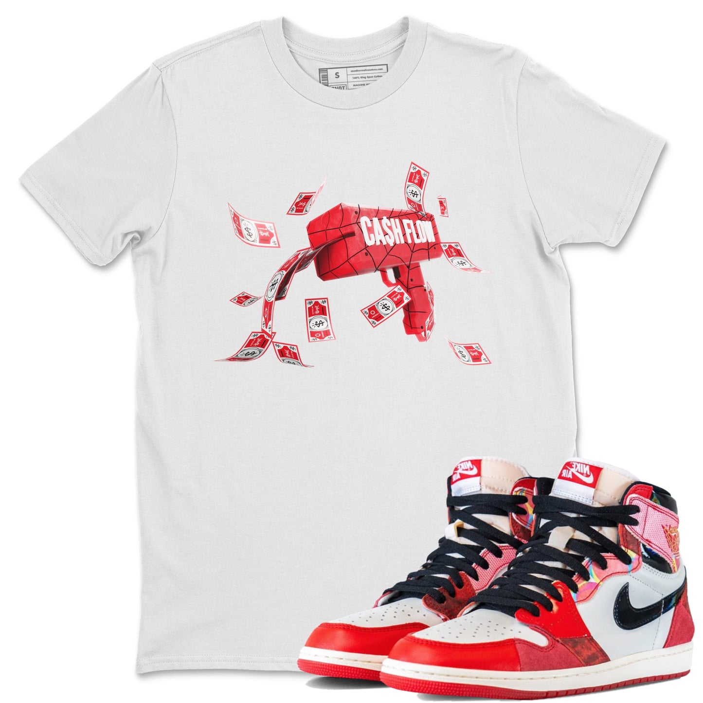 Air Jordan 1 Spider Man Sneaker Match Tees Cash Flow Sneaker Release Tees AJ1 OG HIGH Spider Man Sneaker Release Tees Unisex Shirts White 1
