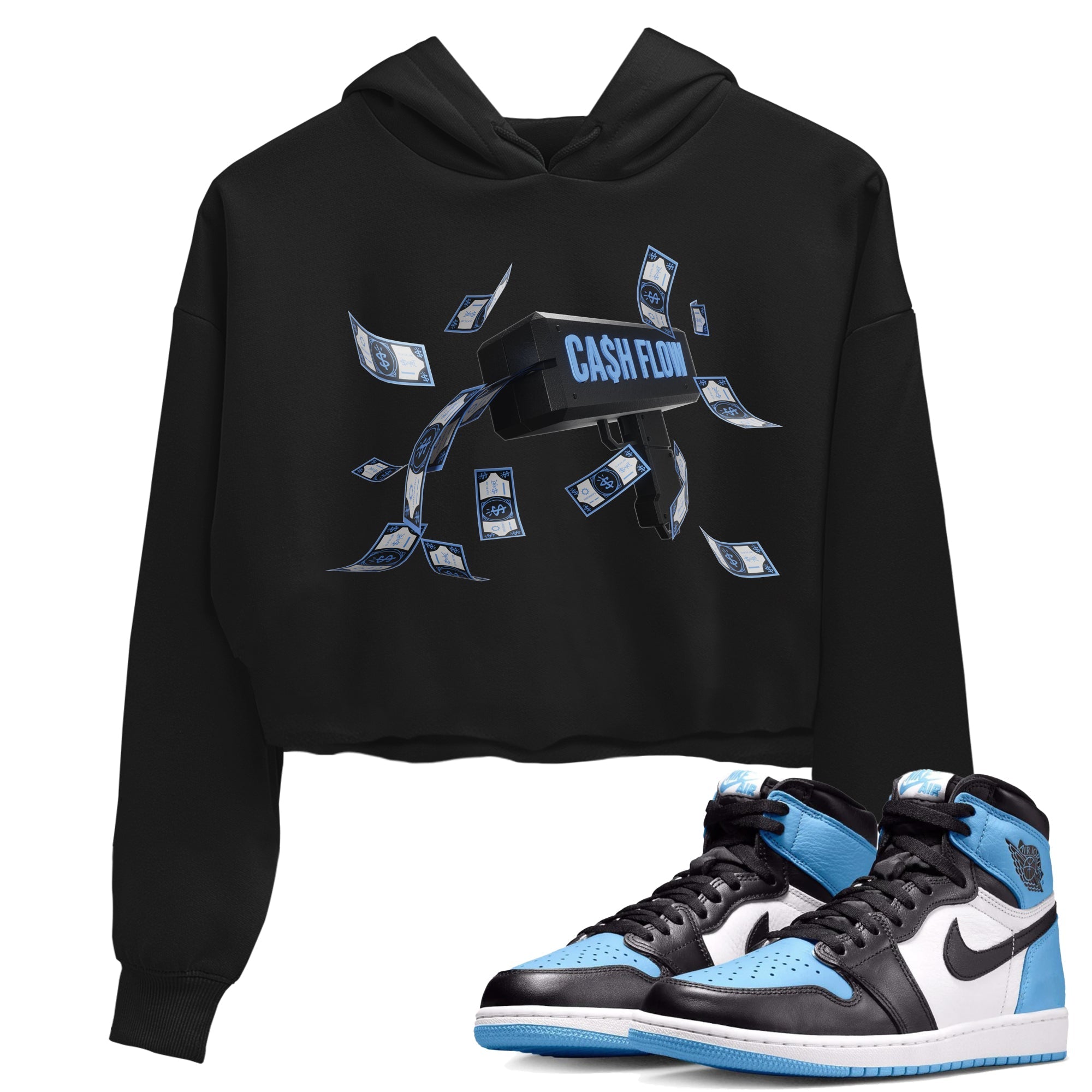 Air Jordan 1 Retro High OG UNC Toe Shirt to match Jordans Cash Flow Streetwear Sneaker Shirt 1s UNC Toe Drip Gear Zone Sneaker Matching Clothing Crop T-Shirts Black 1