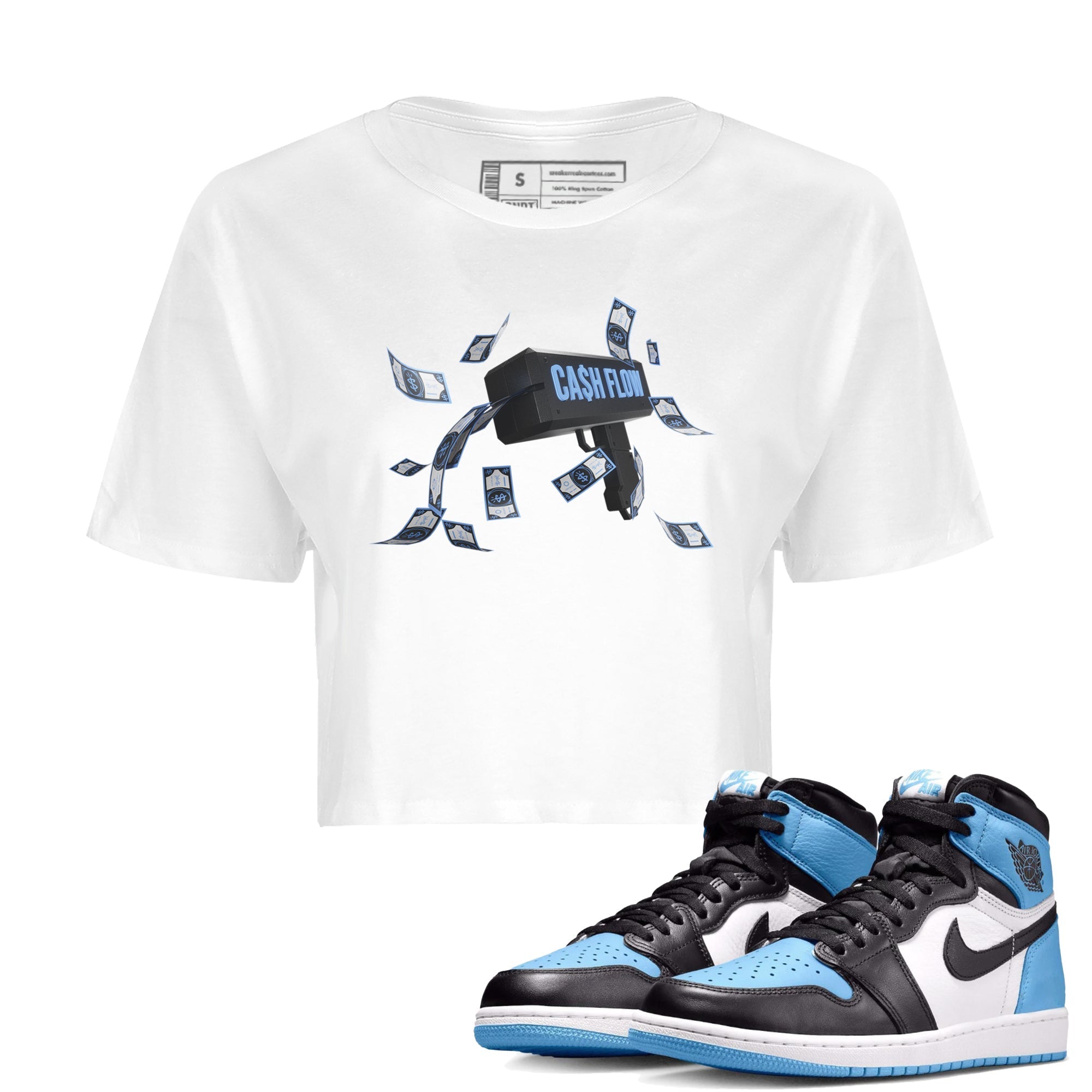 Air Jordan 1 Retro High OG UNC Toe Shirt to match Jordans Cash Flow Streetwear Sneaker Shirt 1s UNC Toe Drip Gear Zone Sneaker Matching Clothing Crop T-Shirts White 1