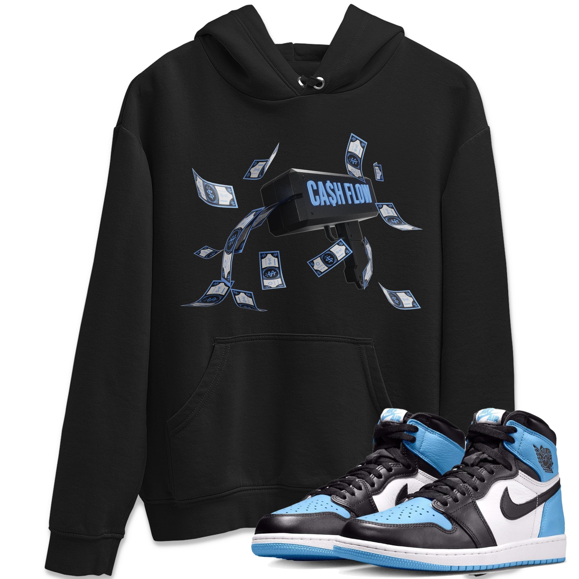 Air Jordan 1 Retro High OG UNC Toe Shirt to match Jordans Cash Flow Streetwear Sneaker Shirt 1s UNC Toe Drip Gear Zone Sneaker Matching Clothing Crew Neck T-Shirts Black 1