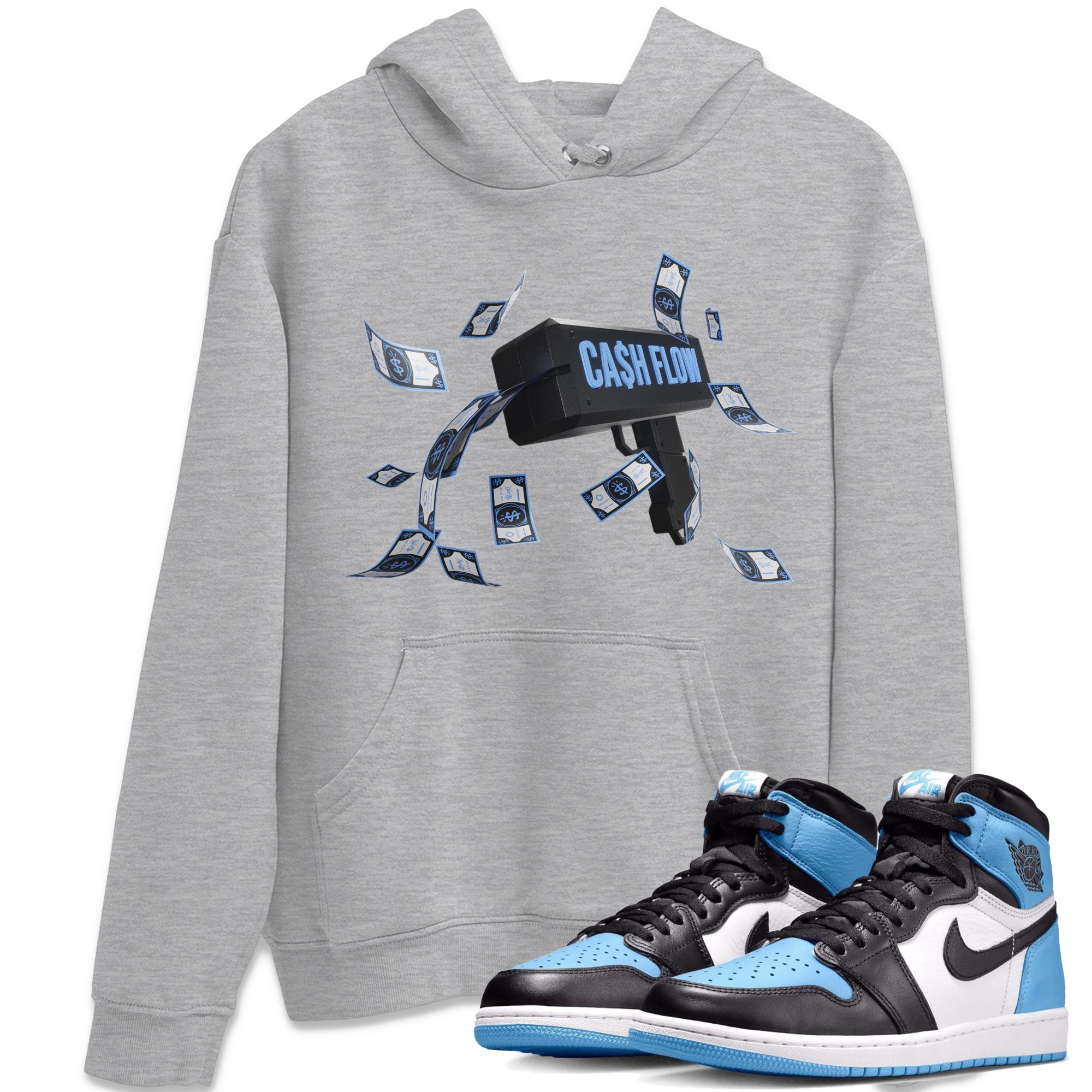 Air Jordan 1 Retro High OG UNC Toe Shirt to match Jordans Cash Flow Streetwear Sneaker Shirt 1s UNC Toe Drip Gear Zone Sneaker Matching Clothing Crew Neck T-Shirts Heather Grey 1