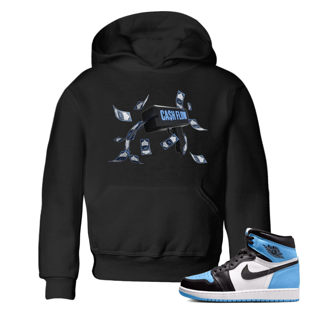 Air Jordan 1 Retro High OG UNC Toe Shirt to match Jordans Cash Flow Streetwear Sneaker Shirt 1s UNC Toe Drip Gear Zone Sneaker Matching Clothing Kids and Baby Tees Black 1