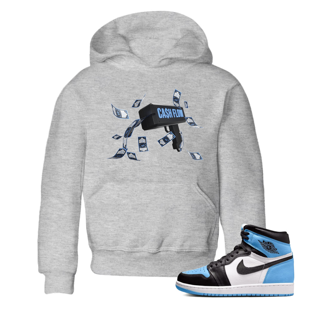 Air Jordan 1 Retro High OG UNC Toe Shirt to match Jordans Cash Flow Streetwear Sneaker Shirt 1s UNC Toe Drip Gear Zone Sneaker Matching Clothing Kids and Baby Tees Heather Grey 1